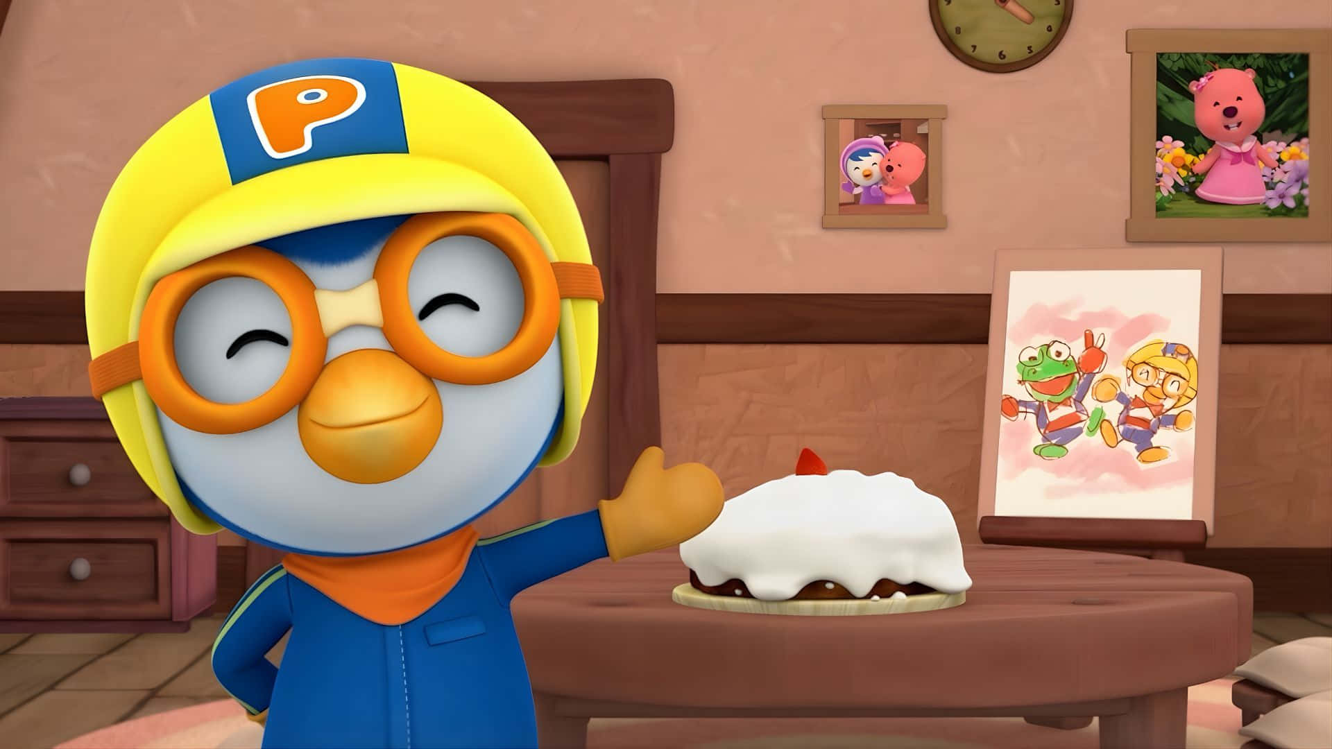 Pororo The Little Penguin, yellow helmet, white frosted cake, Full HD Desktop Wallpaper
