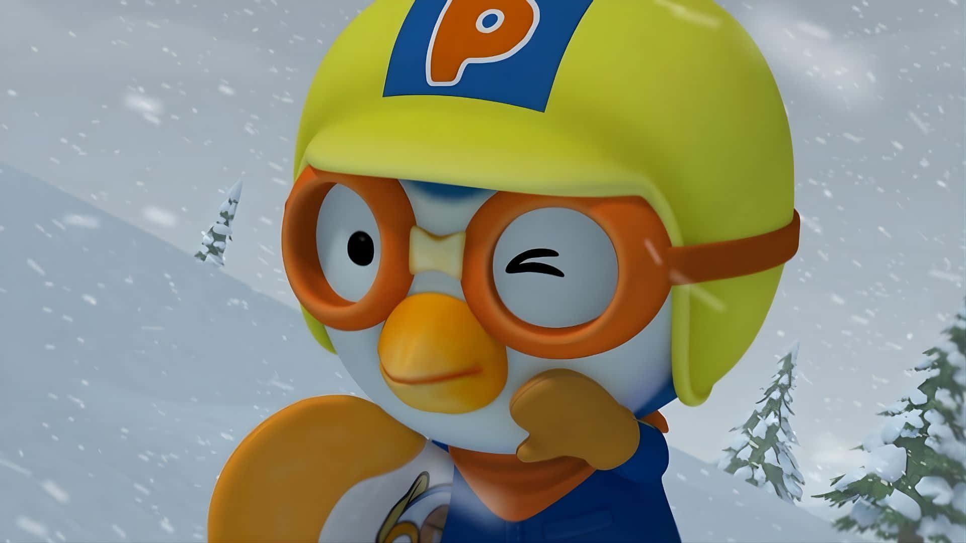 Pororo The Little Penguin, yellow helmet, orange goggles, Full HD Desktop Wallpaper