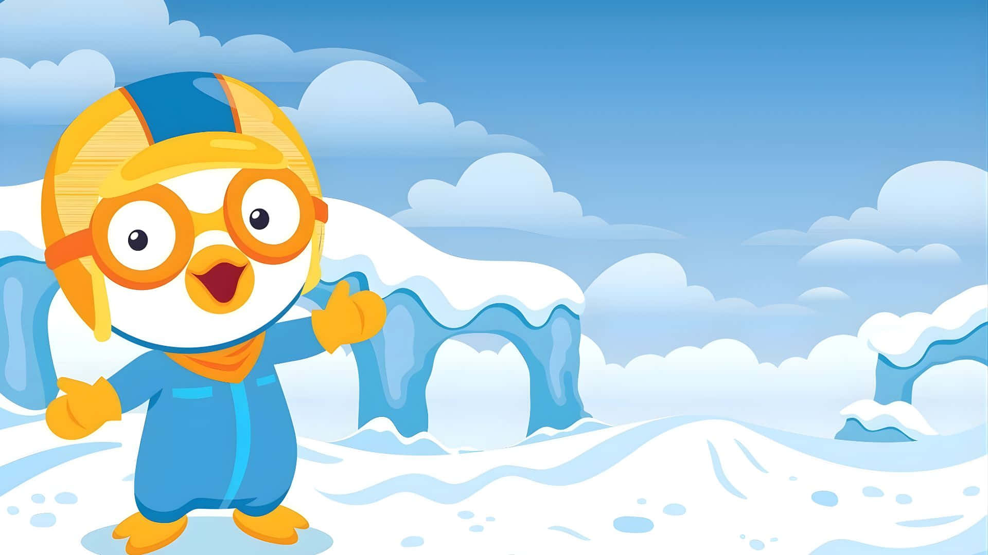 Pororo The Little Penguin, blue snowsuit, orange goggles, Full HD Desktop Wallpaper