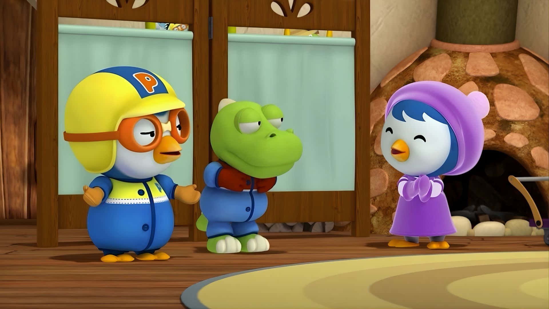 Pororo The Little Penguin, yellow helmet, green crocodile, Full HD Desktop Wallpaper