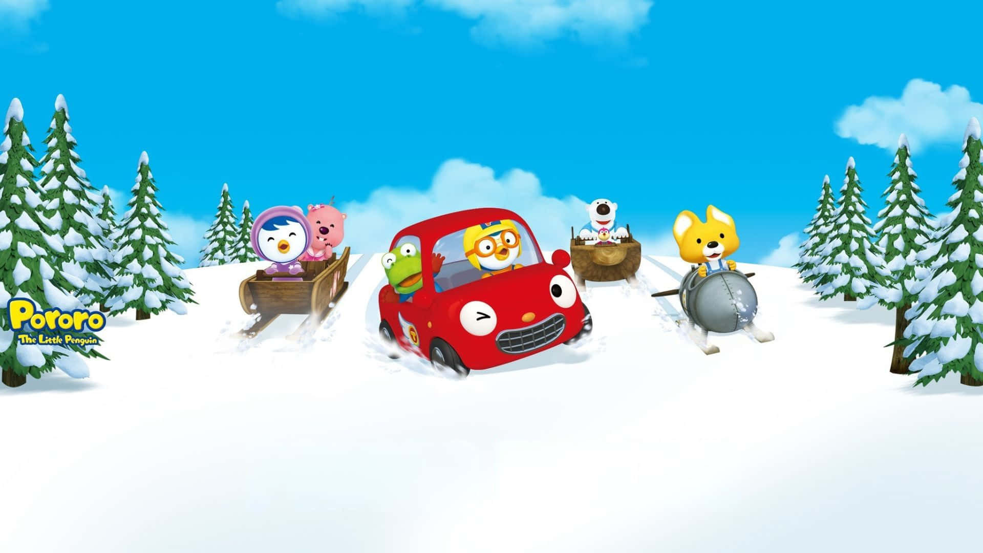 Pororo The Little Penguin, winter adventure, red car, Full HD Desktop Wallpaper