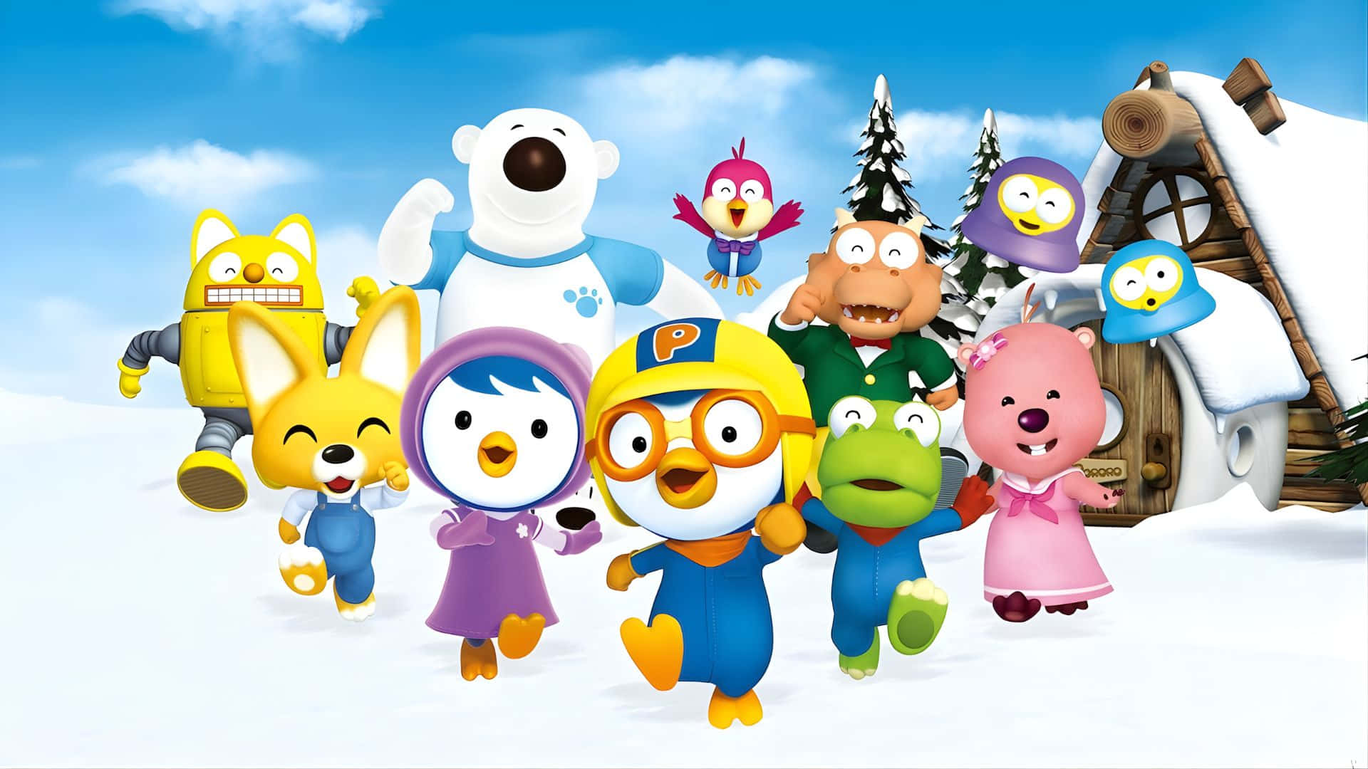Pororo The Little Penguin, winter adventure, snowy landscape, Full HD Desktop Wallpaper