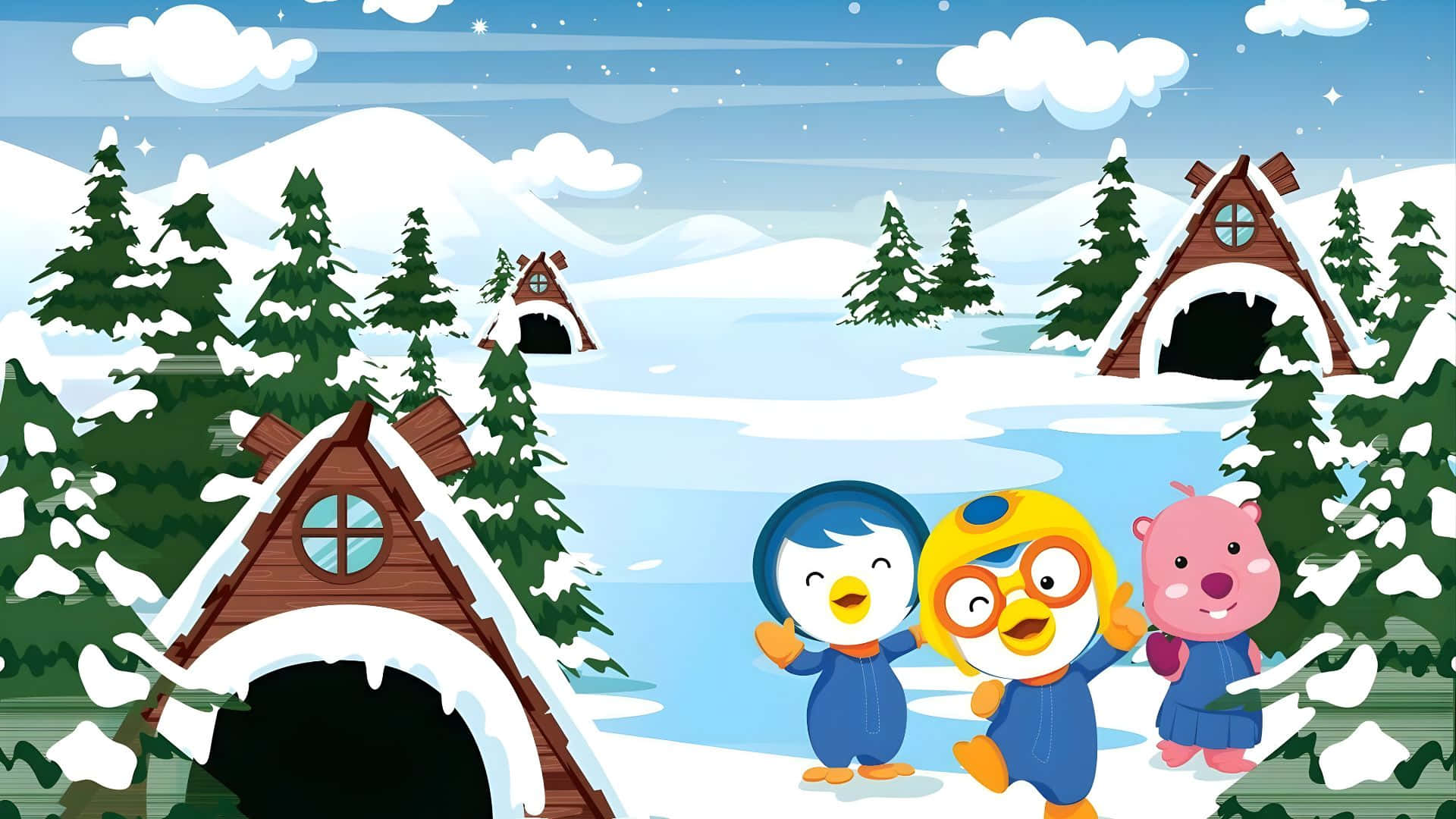 Pororo The Little Penguin, winter gear, snowy landscape, Full HD Desktop Wallpaper