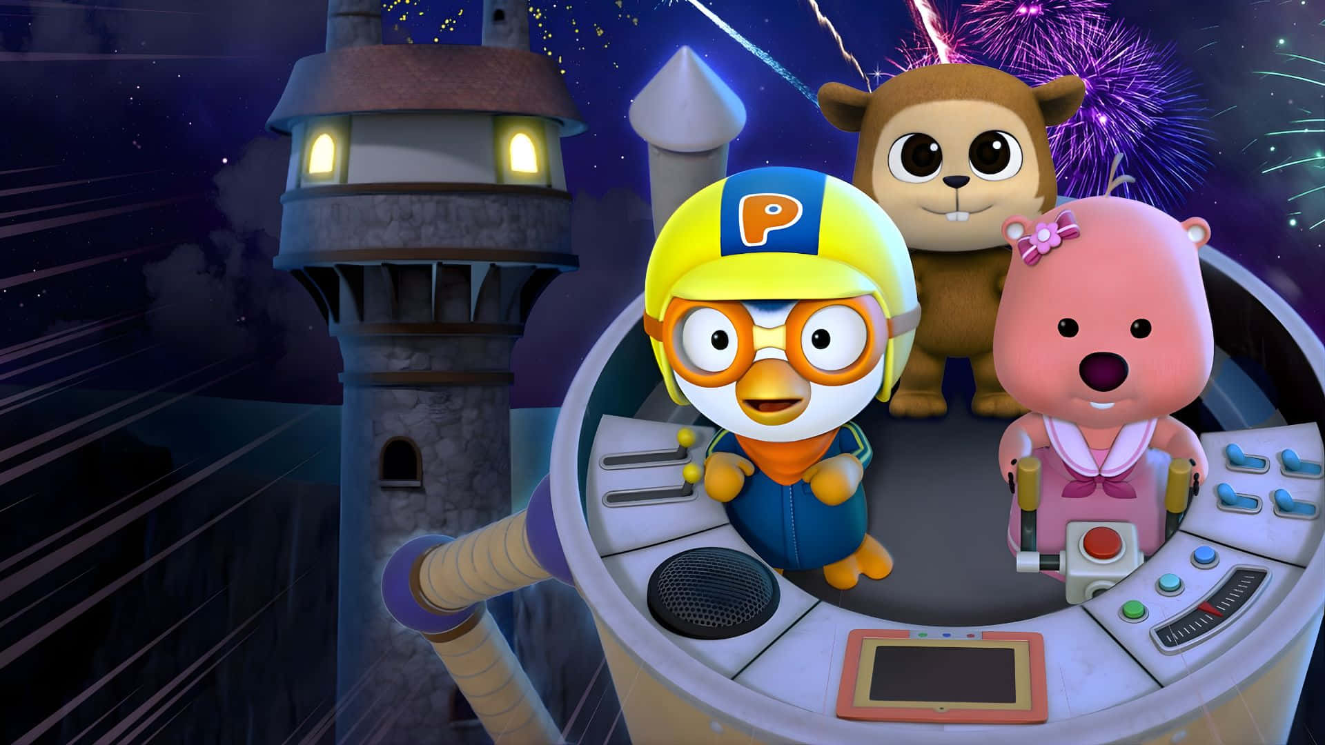 Pororo The Little Penguin, friends, spaceship cockpit, Full HD Desktop Wallpaper