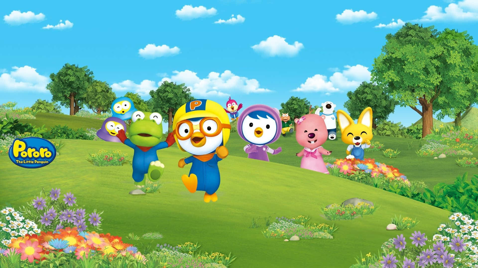 Pororo The Little Penguin, friends, vibrant green hillside, Full HD Desktop Wallpaper