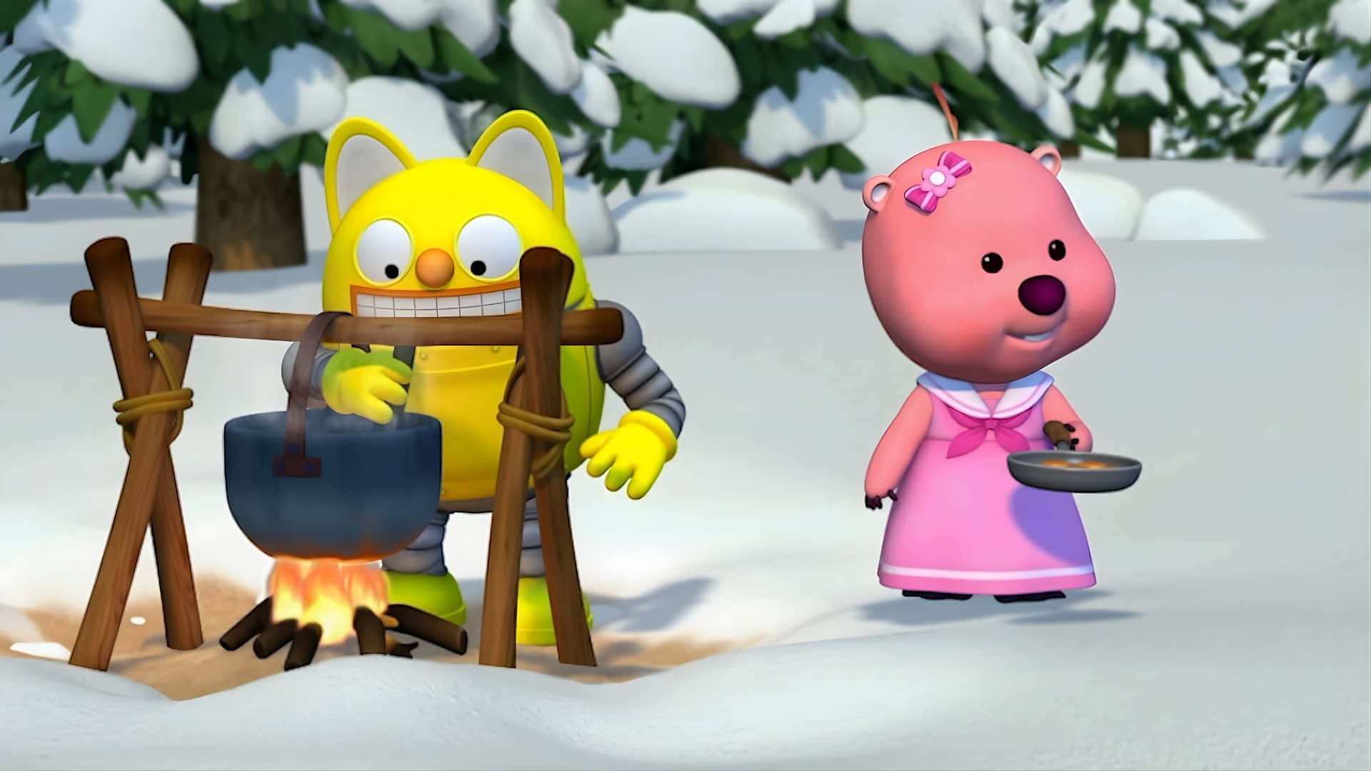 Pororo, yellow catlike creature, pink bear in a dress, Full HD Desktop Wallpaper