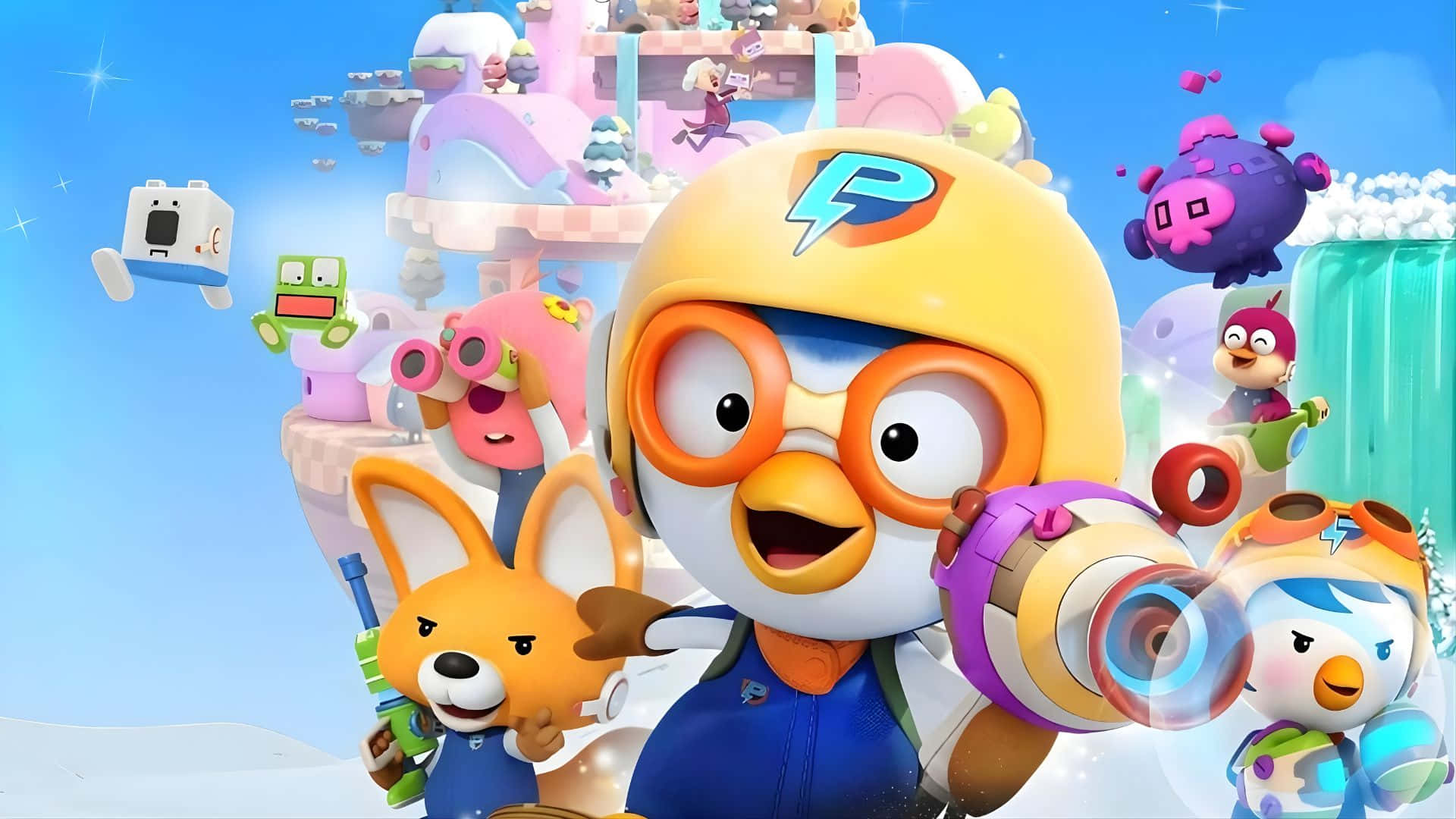 Pororo The Little Penguin, friends, vibrant snowy landscape, Full HD Desktop Wallpaper