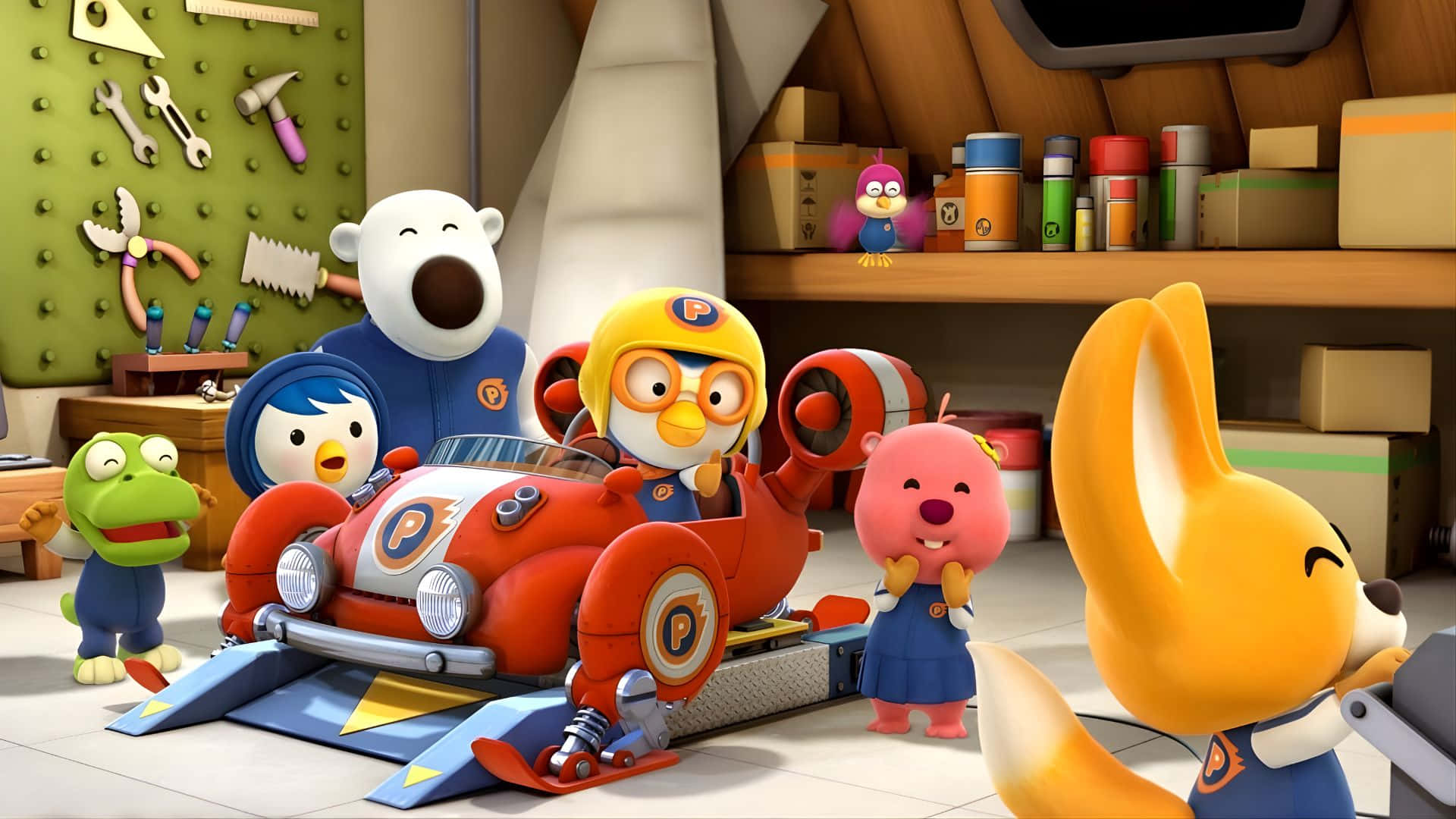 Pororo The Little Penguin, red race car, workshop, Full HD Desktop Wallpaper