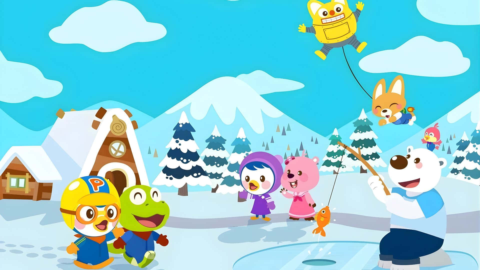 Pororo The Little Penguin, winter fun, snowy landscape, Full HD Desktop Wallpaper