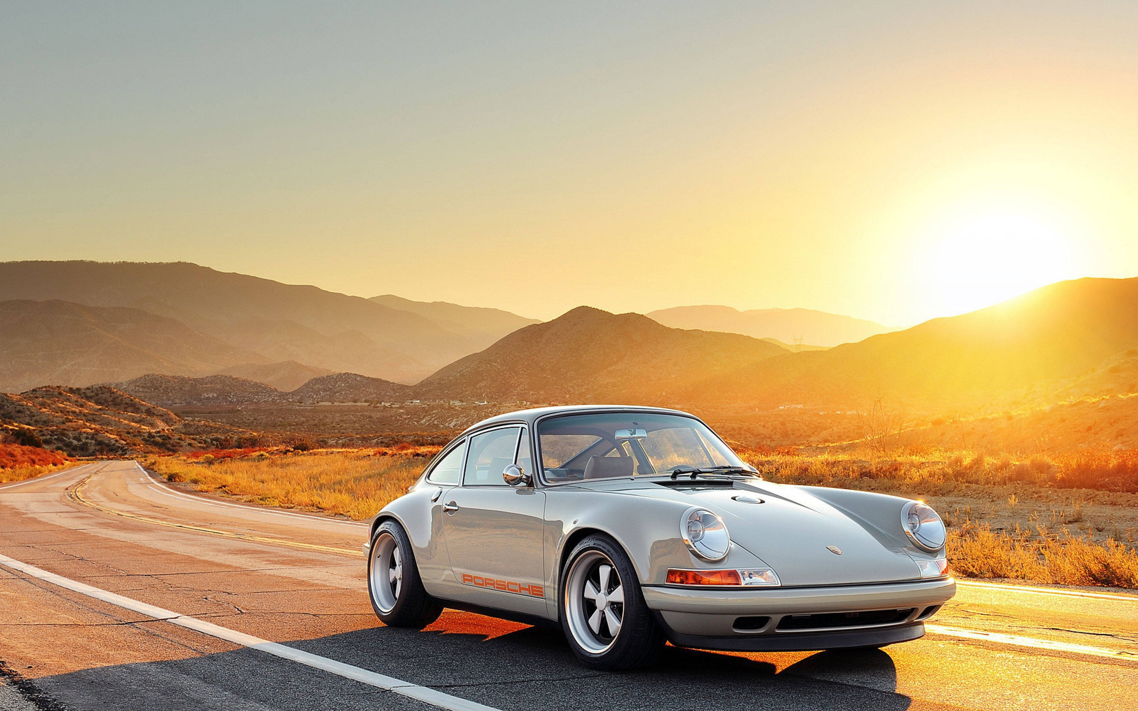Porsche 911, silver, golden sunset, 4K Desktop Wallpaper