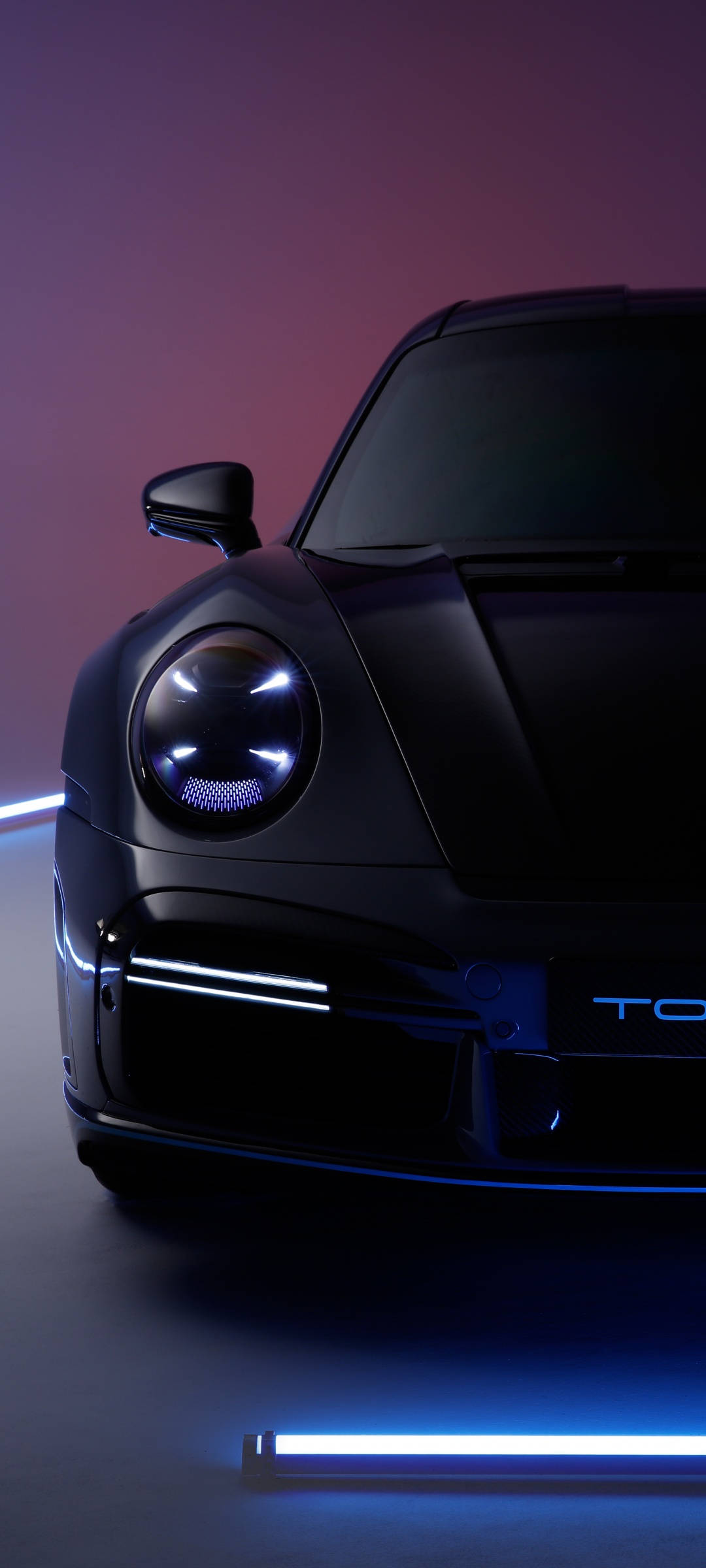 Porsche 911, sleek black, neon blue and purple studio lights, Full HD Phone Wallpaper
