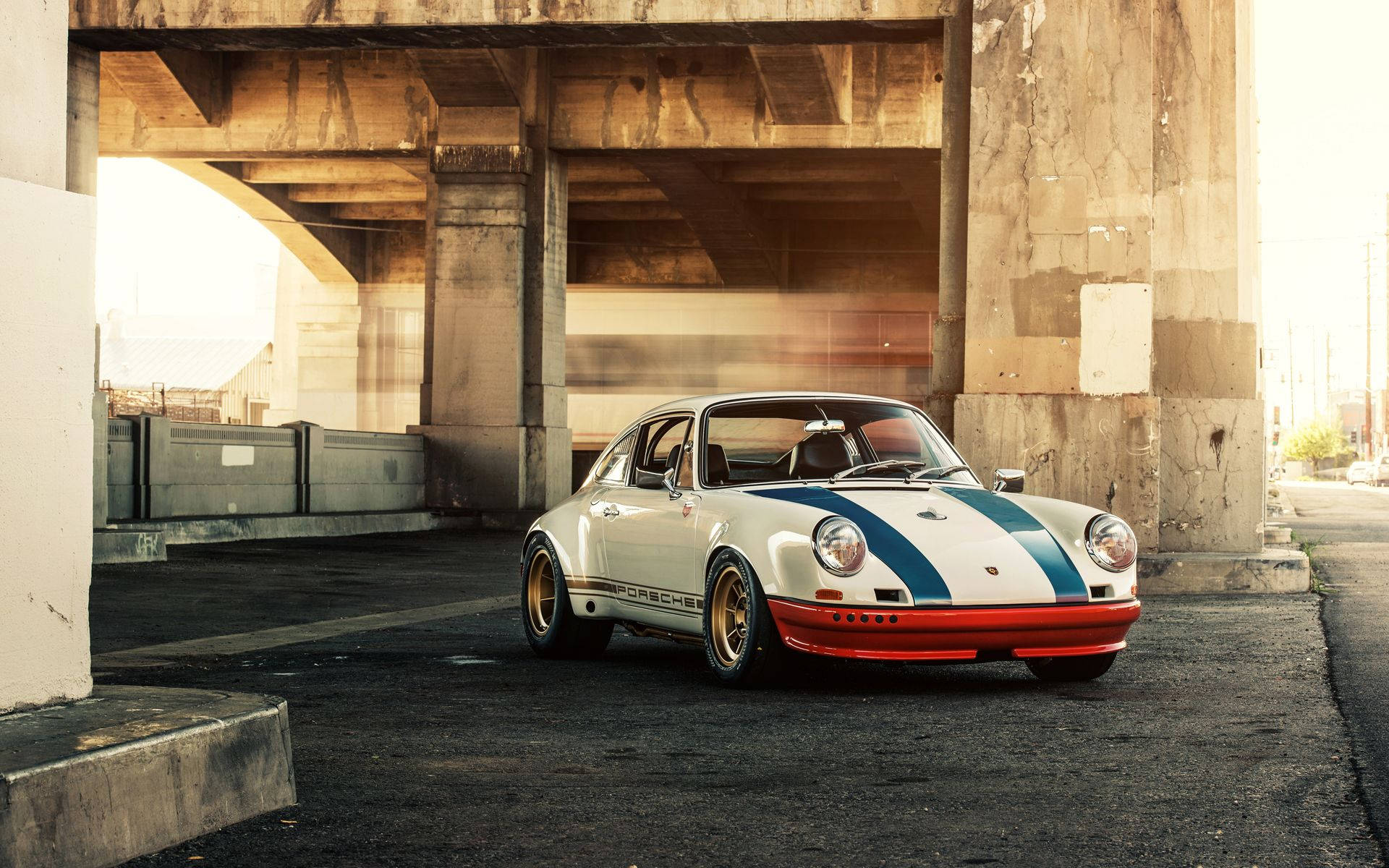 Porsche 911, white, blue and red racing stripes, Full HD Desktop Wallpaper