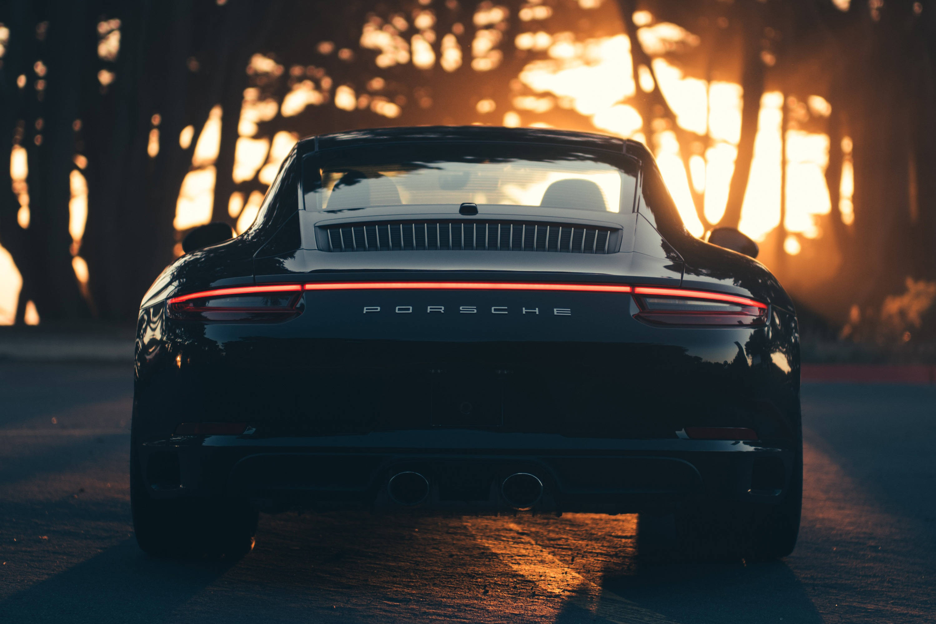 Porsche 911, black, sunset, 2K Desktop Wallpaper
