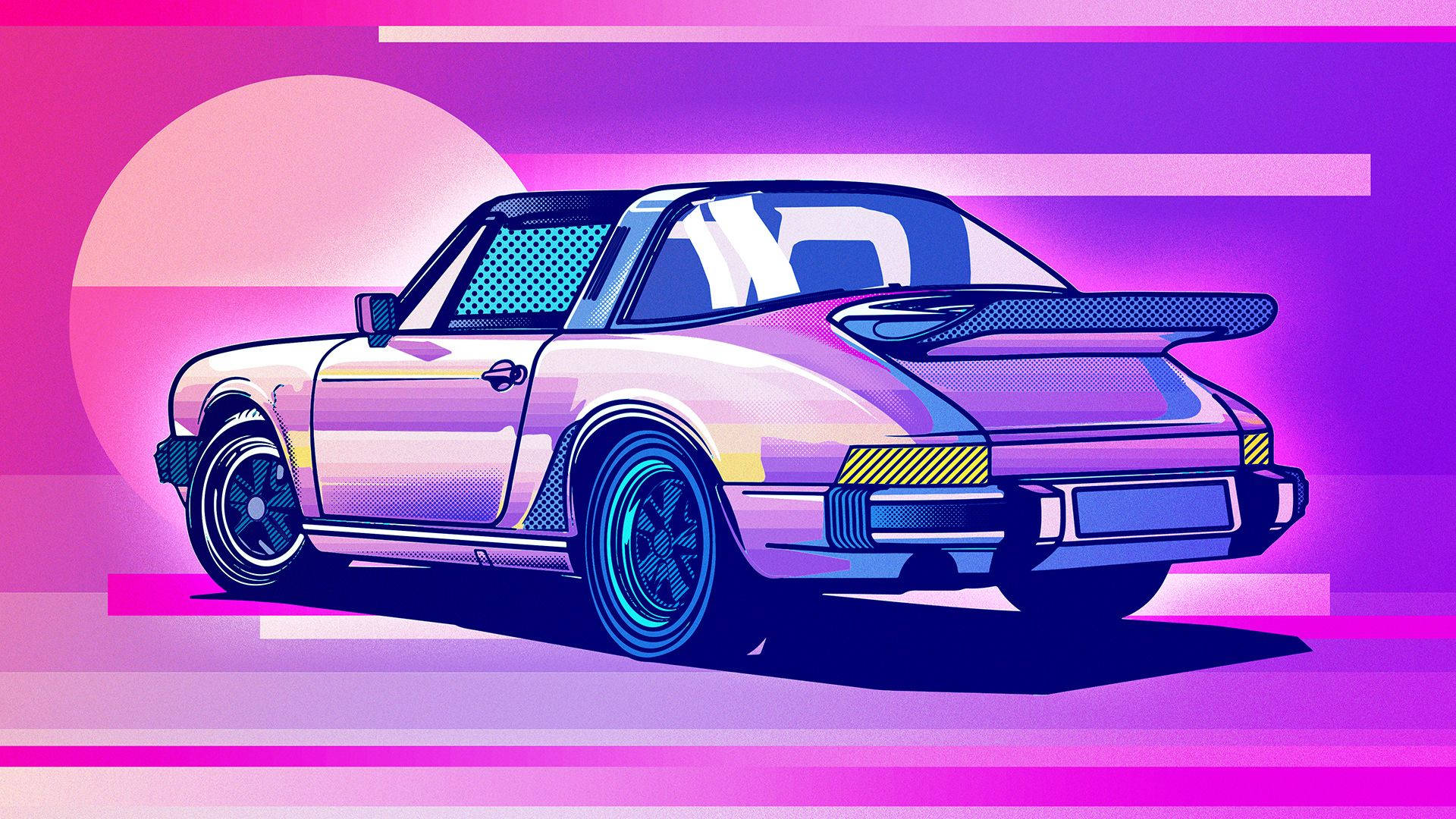 Porsche 911, neon pink sunset, geometric stripes, Full HD Desktop Wallpaper