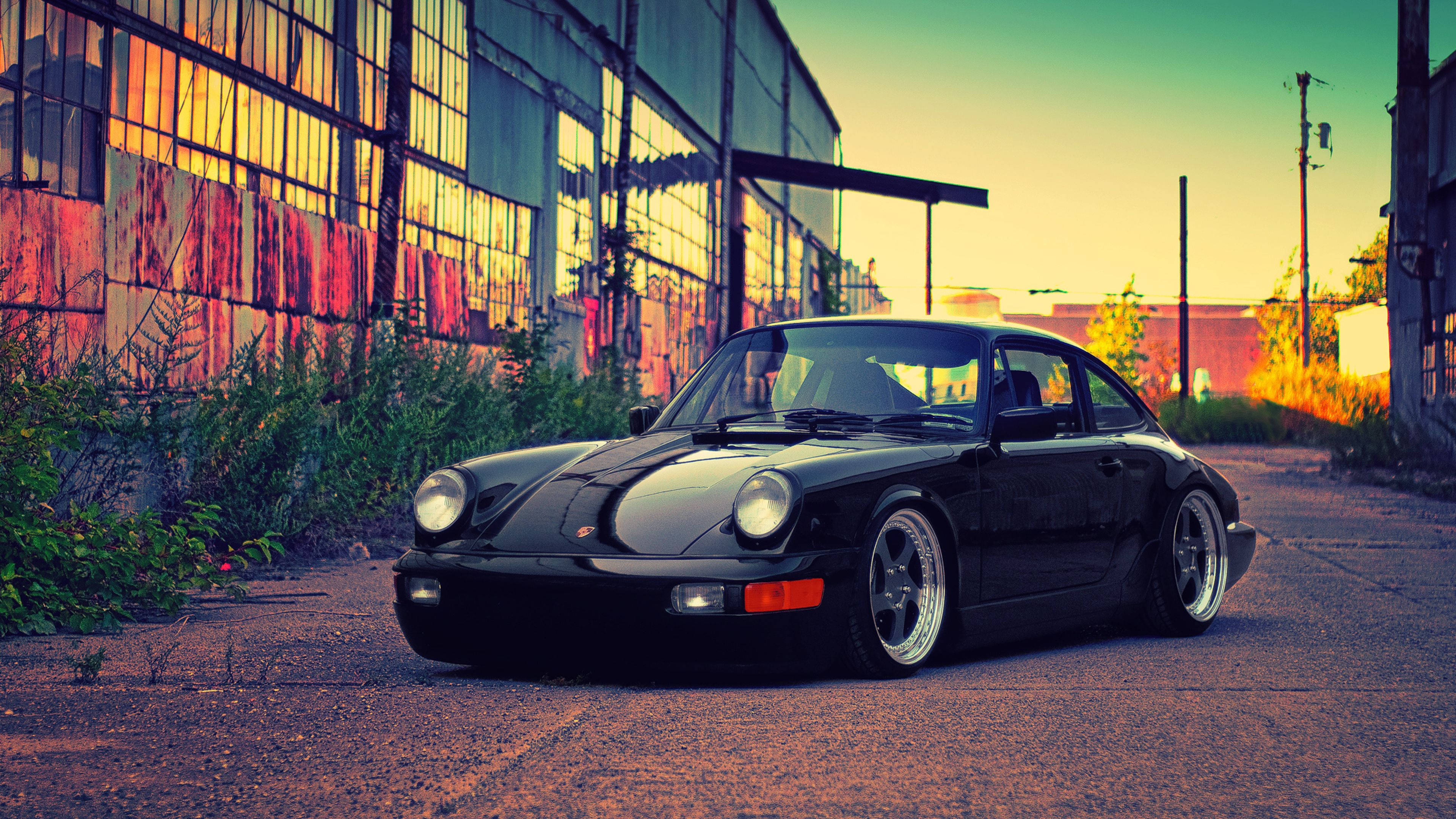 Porsche 911, black, low stance, 4K Desktop Wallpaper