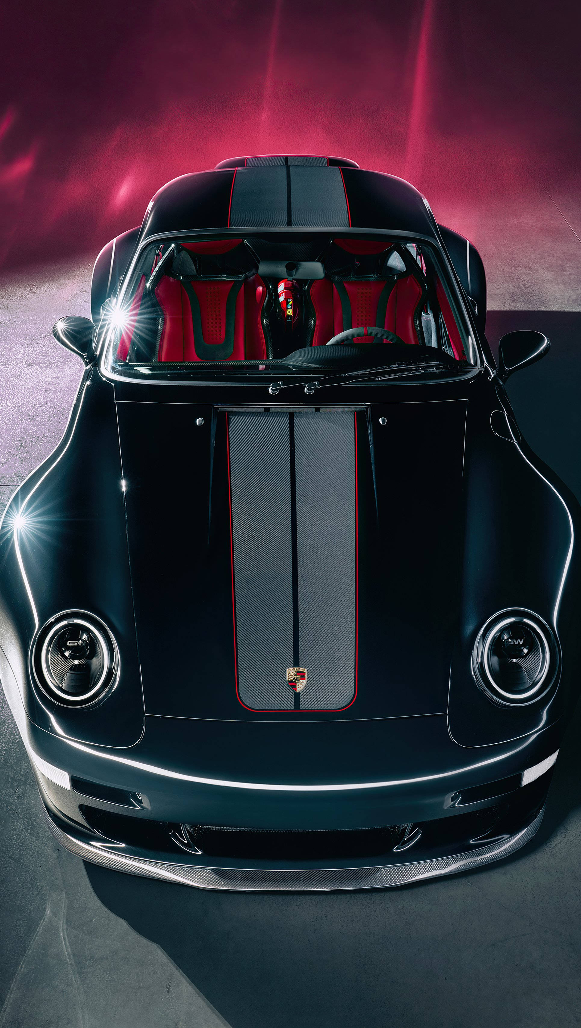 Porsche 911, sleek black, red interior, 2K Phone Wallpaper