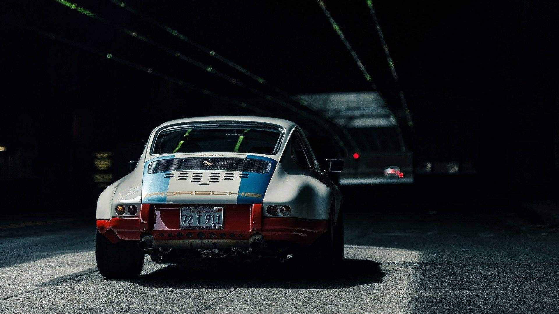 Porsche 911, white blue and red livery, dark tunnel, Full HD Desktop Wallpaper