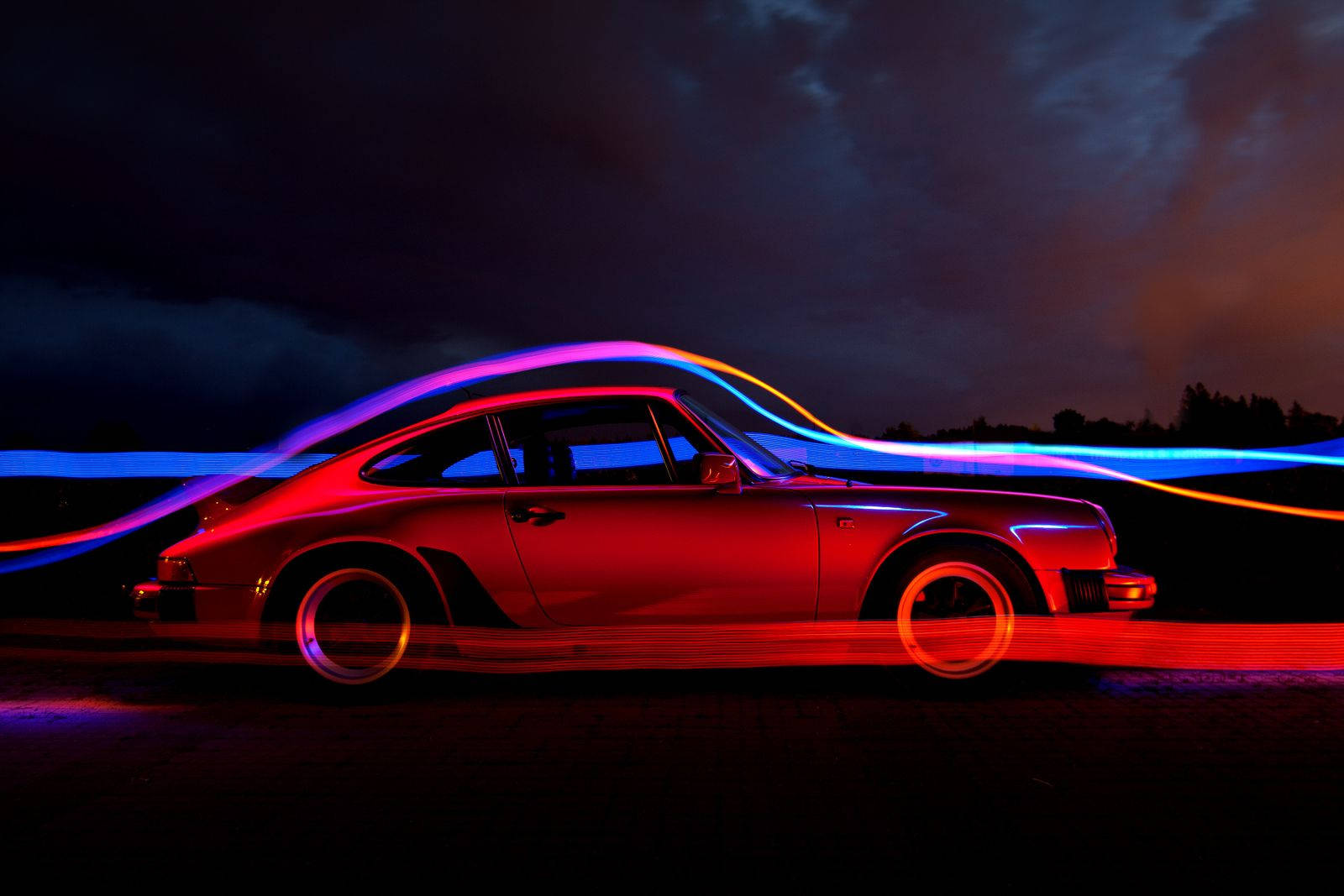 Porsche 911, red, neon light trails, HD Desktop Wallpaper