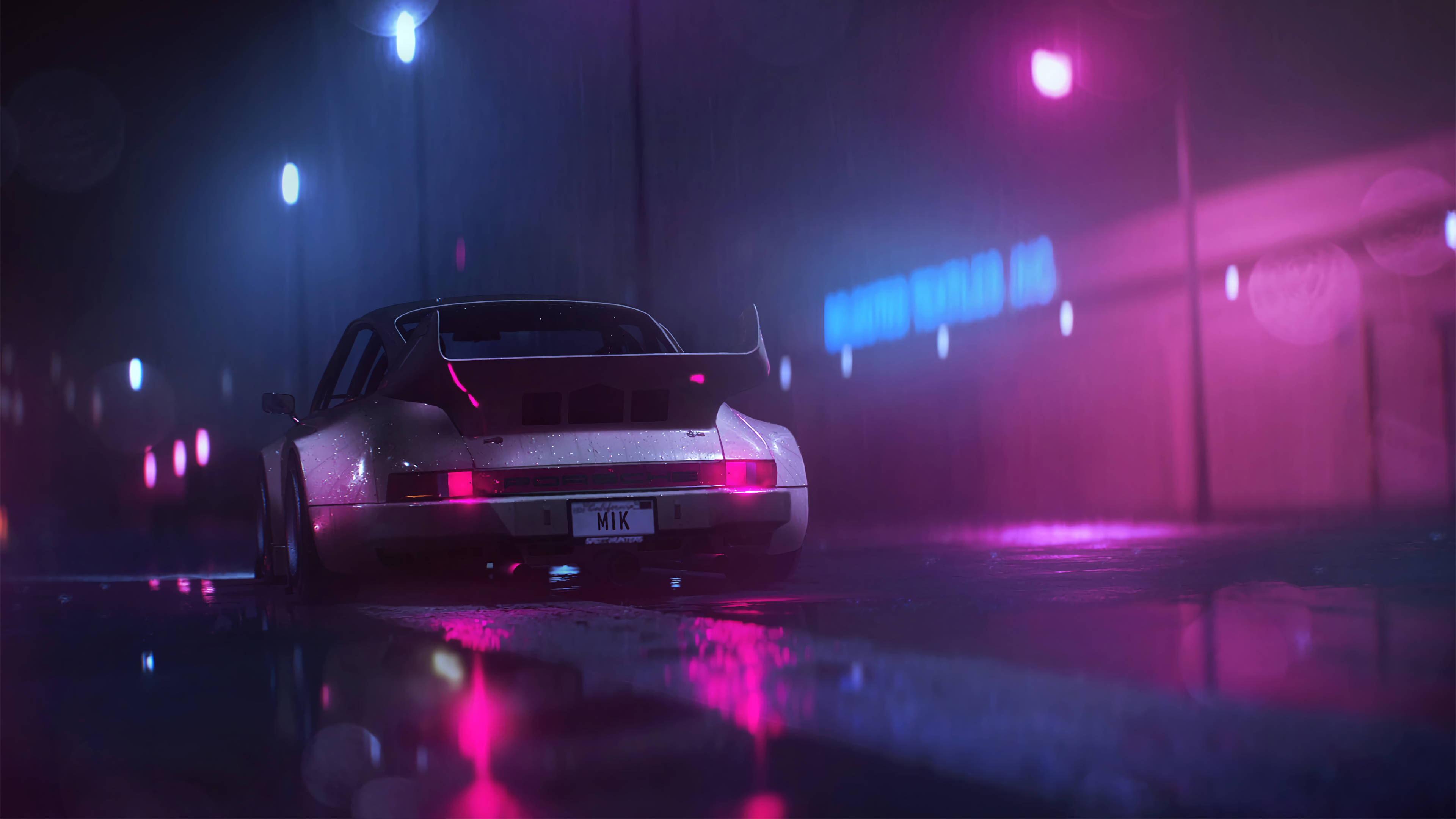 Porsche 911, neon lights, rain-slicked urban street, 4K Desktop Wallpaper