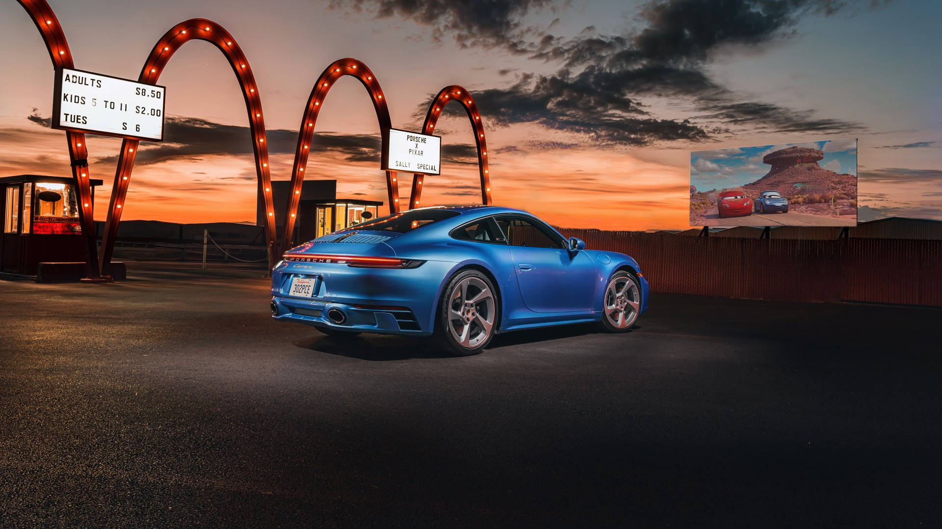 Porsche 911, blue, retro drive-in theater, Full HD Desktop Wallpaper