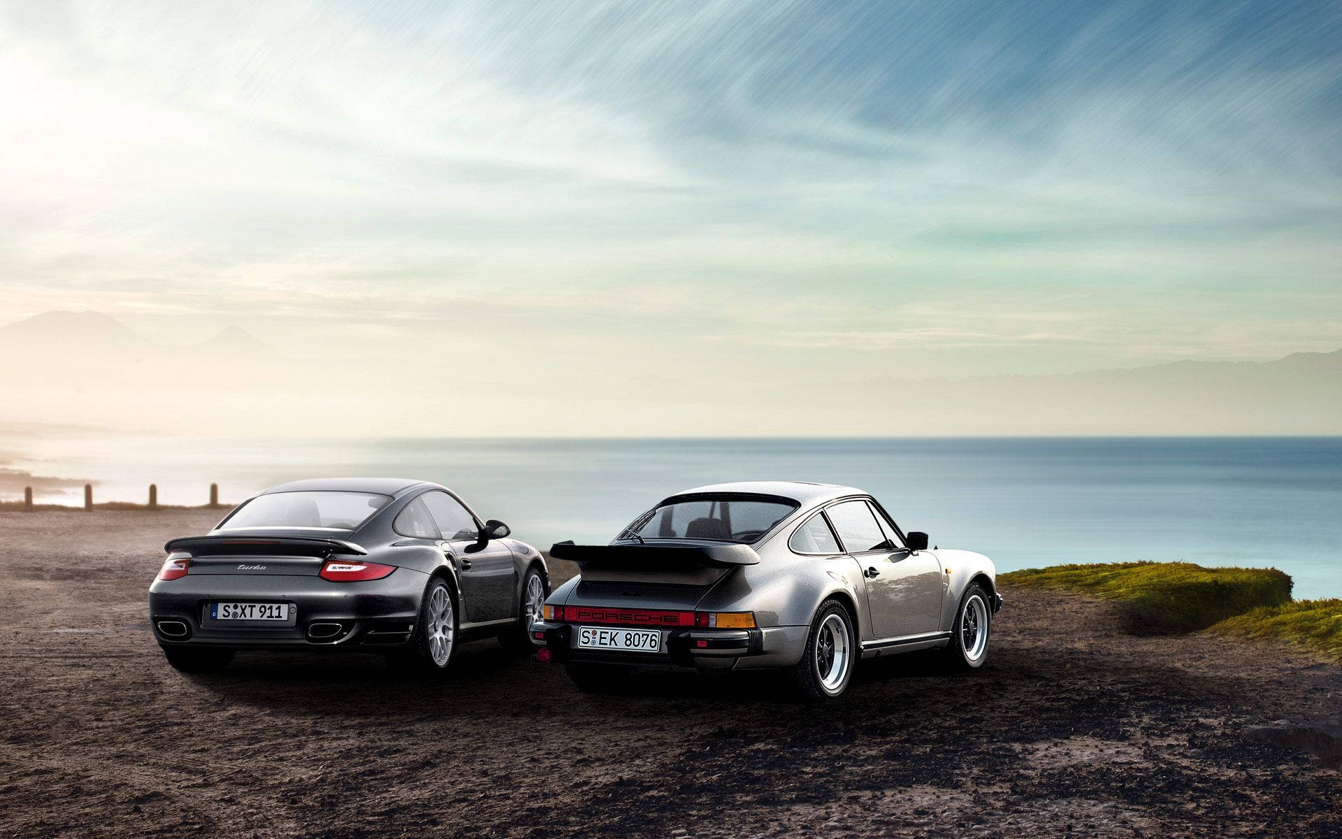 Porsche 911, cliff, calm ocean, Full HD Desktop Wallpaper