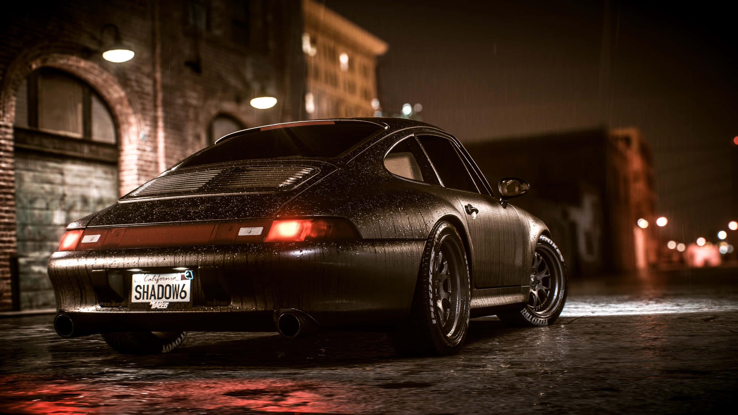 Porsche 911, matte black, wet streetlights, 2K Desktop Wallpaper