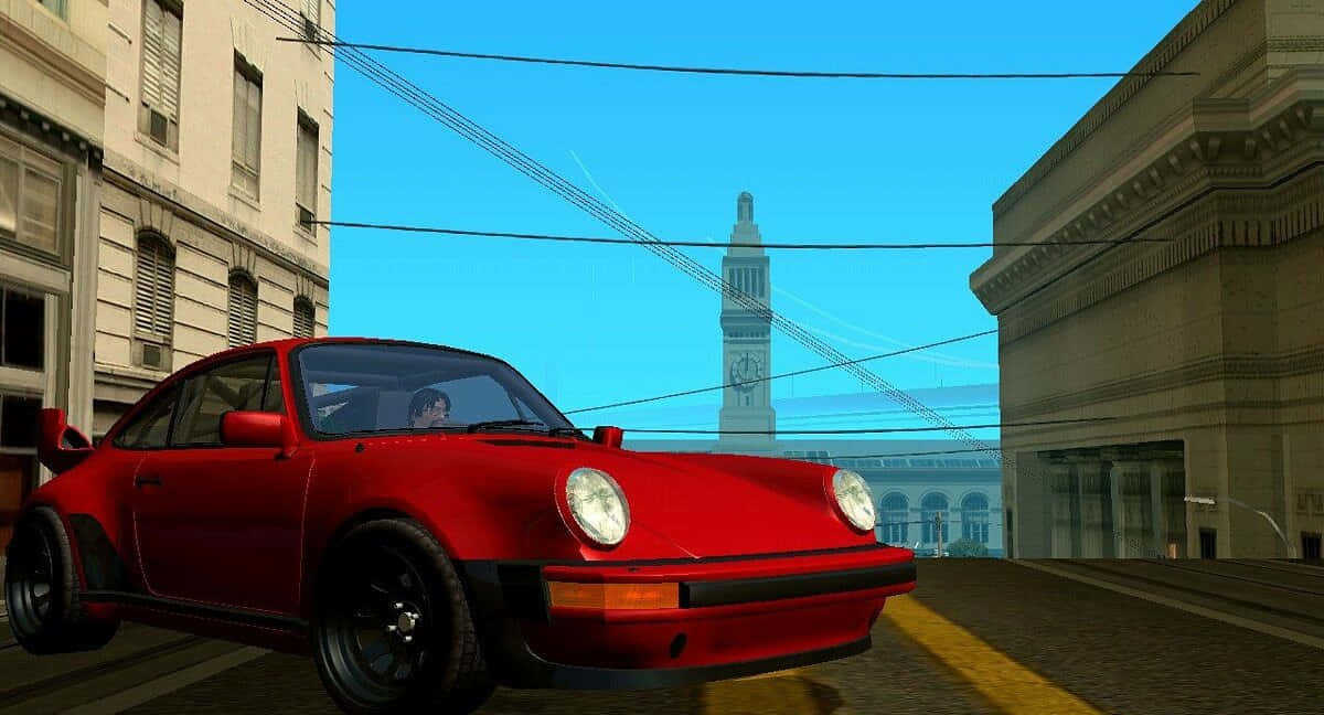 Porsche 930, vibrant red, sunlit city street, SD Desktop Wallpaper