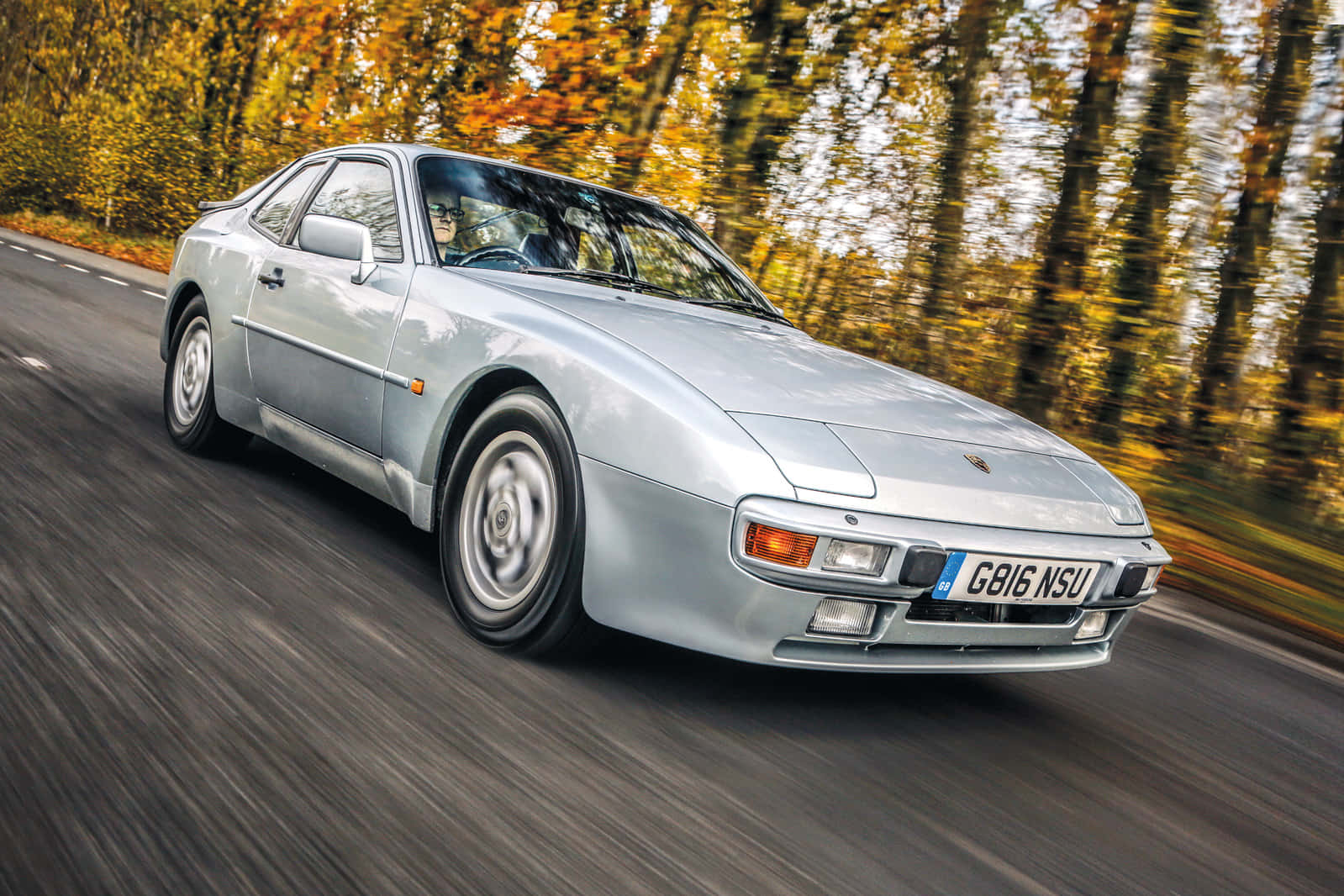 Porsche 944, silver, autumn foliage, HD Desktop Wallpaper