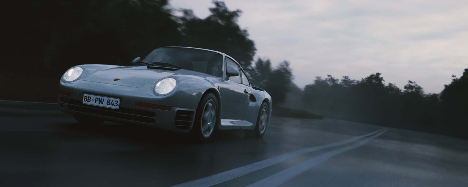 Porsche 959, silver, wet road, Full HD Desktop Wallpaper