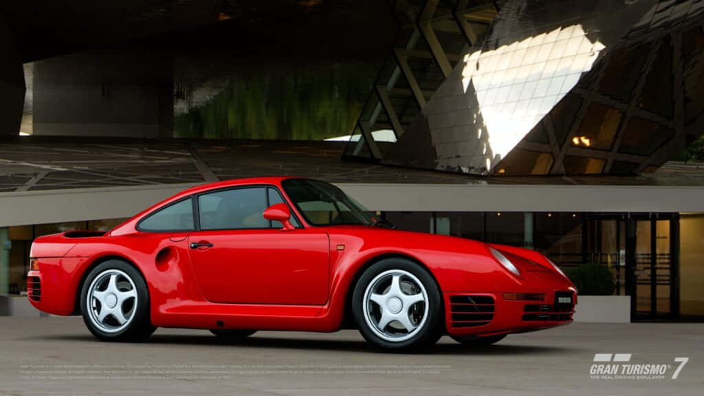 Porsche 959, glossy red, modern glass and steel architectural structure, SD Desktop Wallpaper