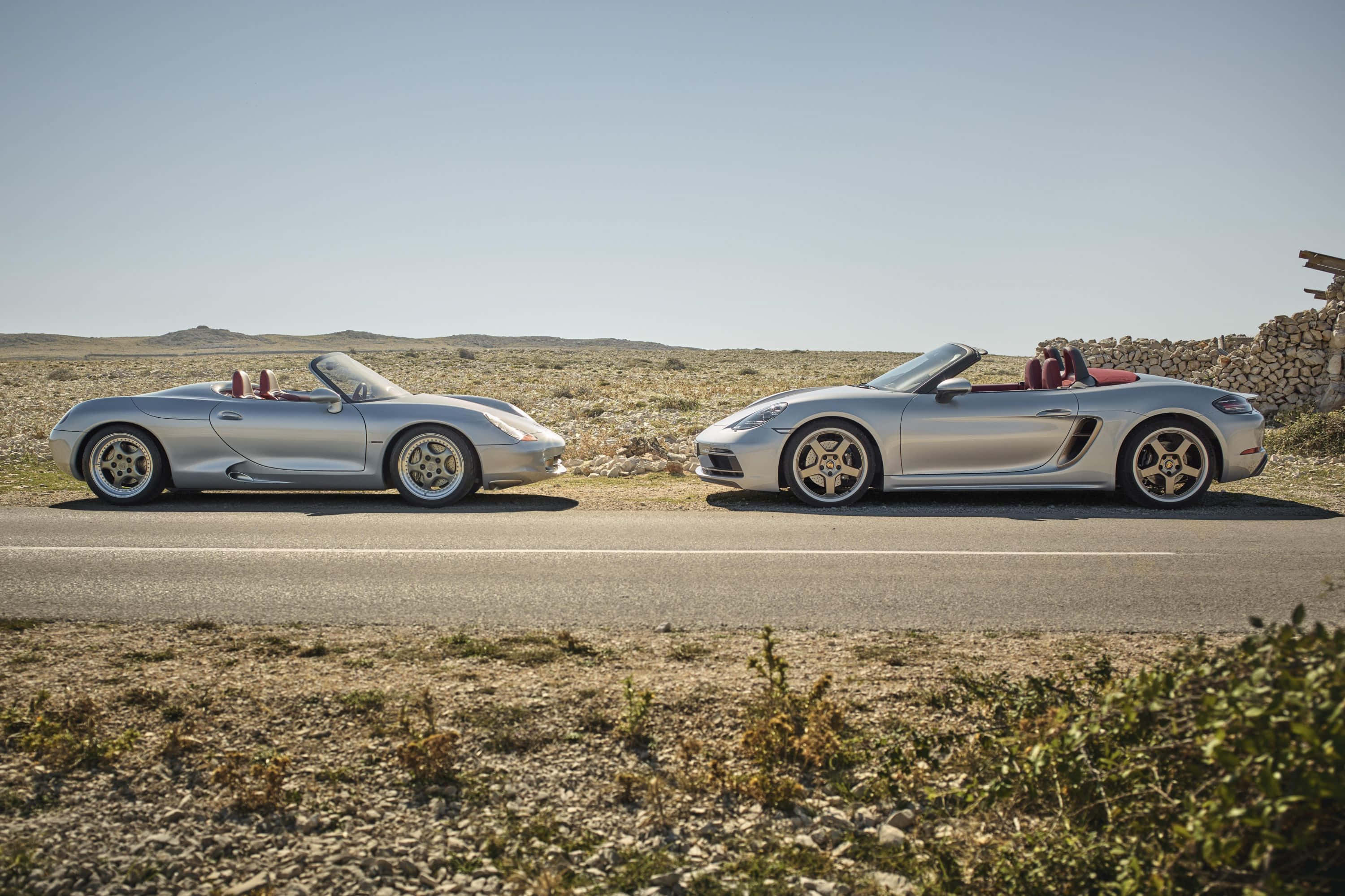 Porsche Boxster, silver, desert road, 2K Desktop Wallpaper