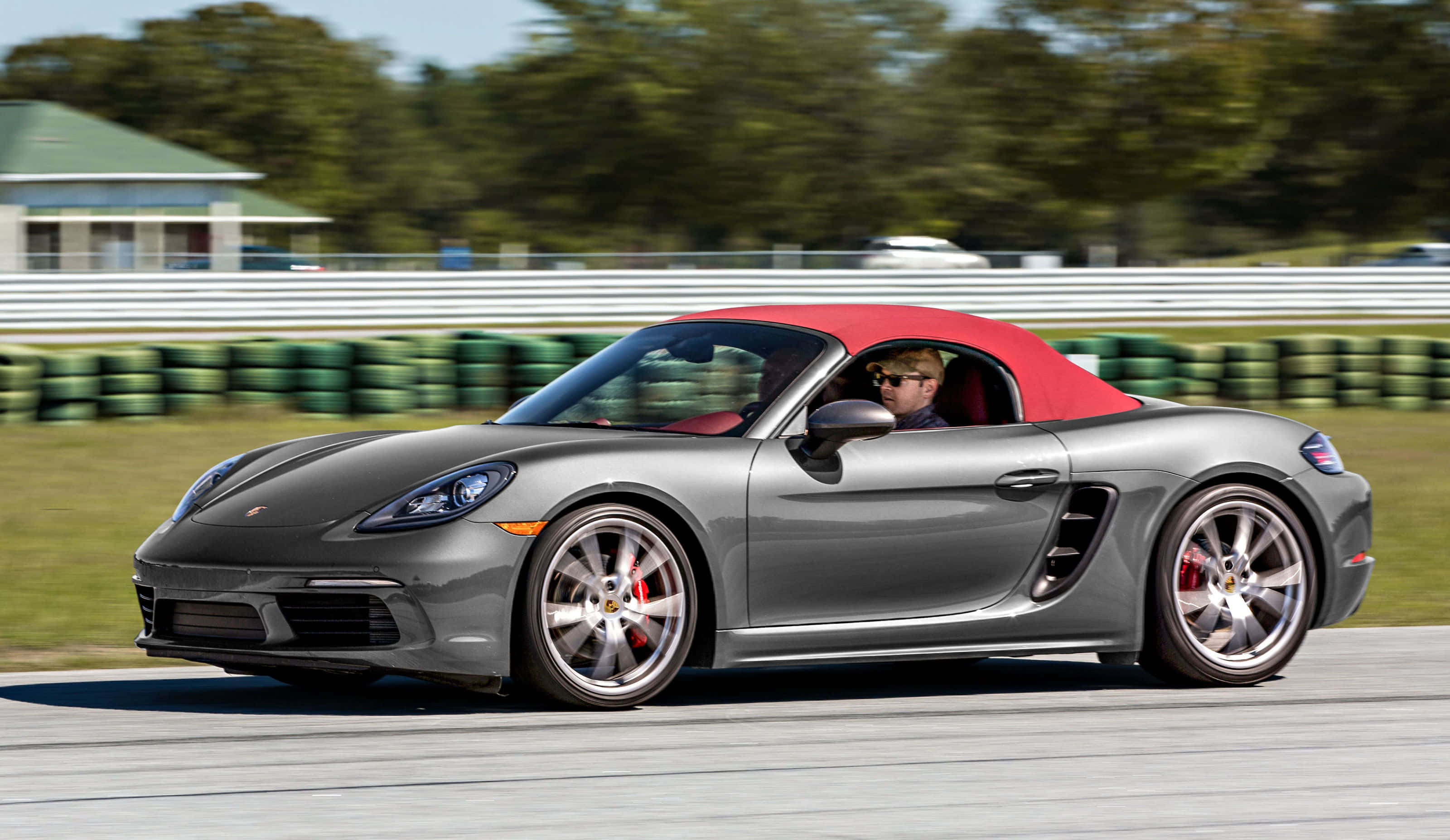 Porsche 718 Boxster, red soft top, sleek gray, 2K Desktop Wallpaper