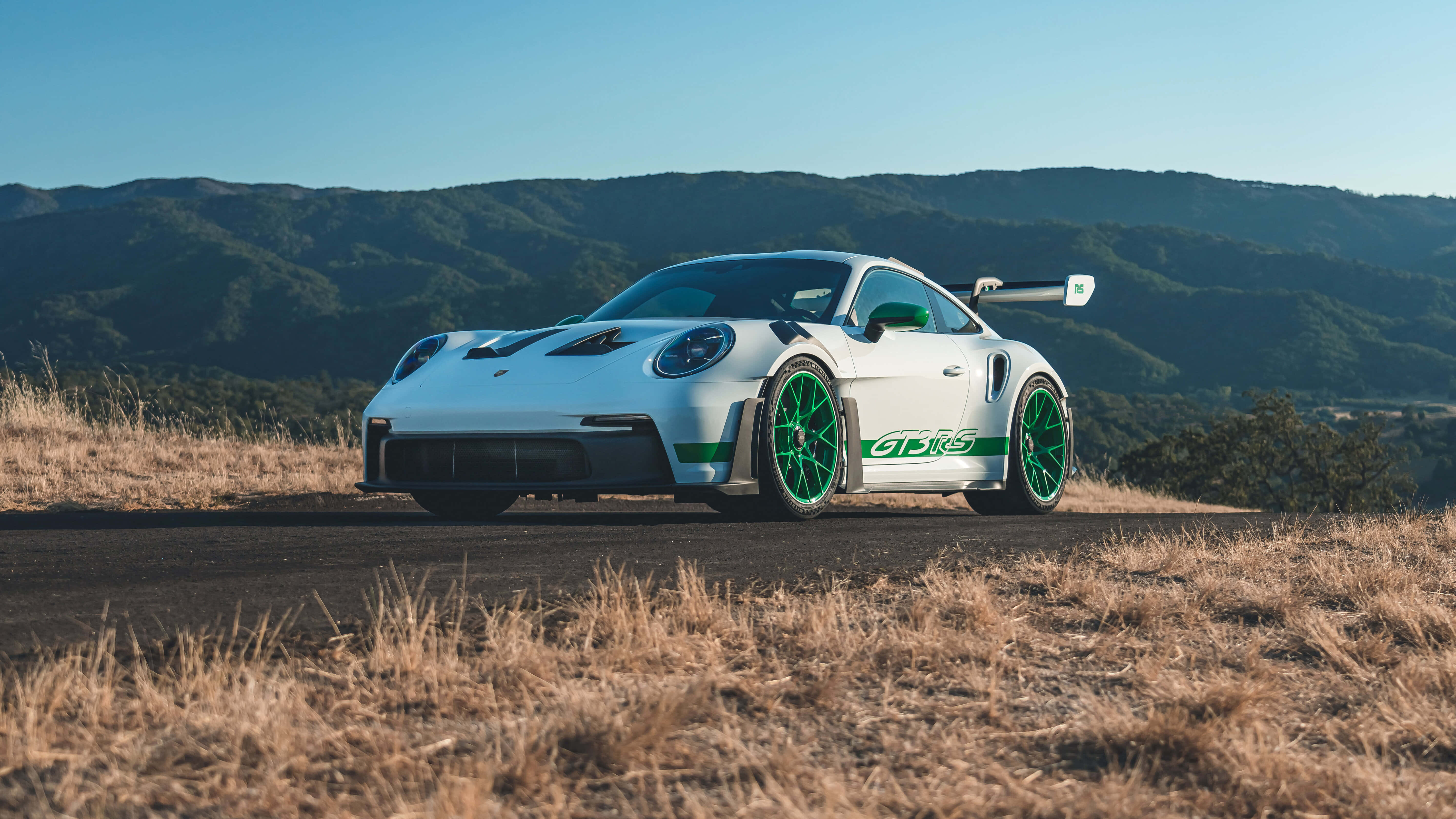 Porsche 911 GT3 RS, white, green accents, 5K Desktop Wallpaper