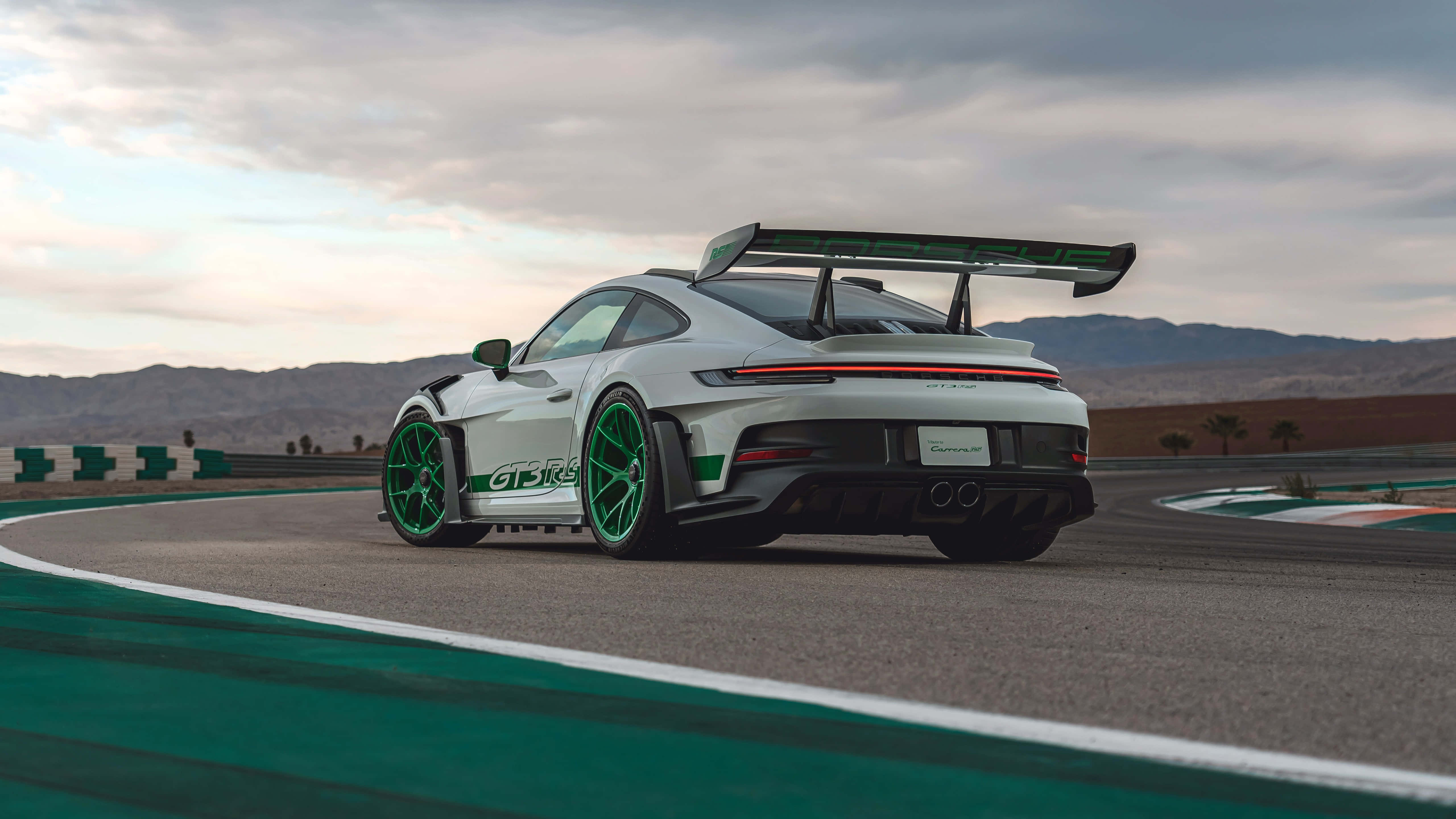 Porsche 911 GT3 RS, white, green accents, 5K Desktop Wallpaper