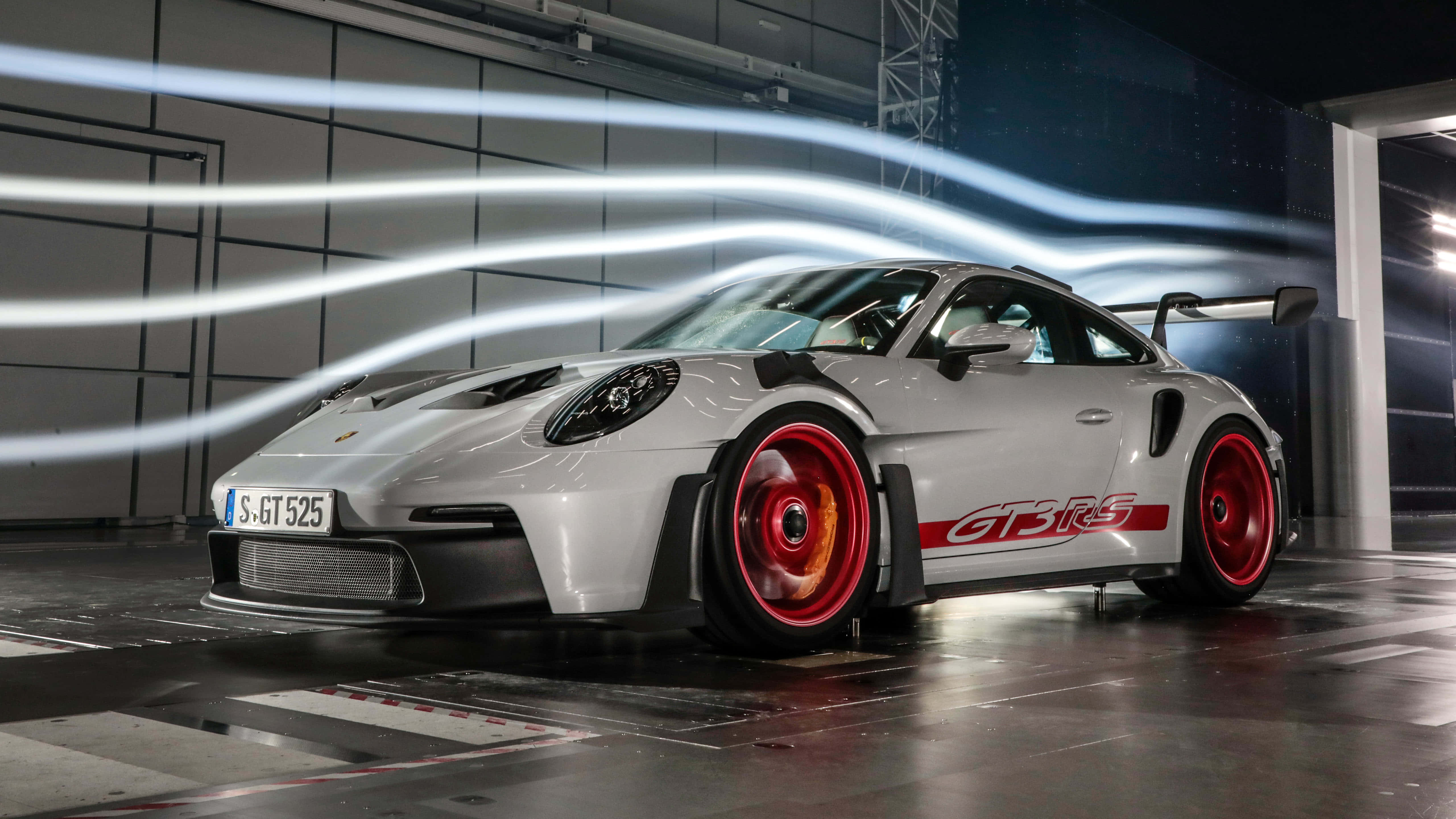 Porsche 911 GT3 RS, silver, red wheels, 5K Desktop Wallpaper