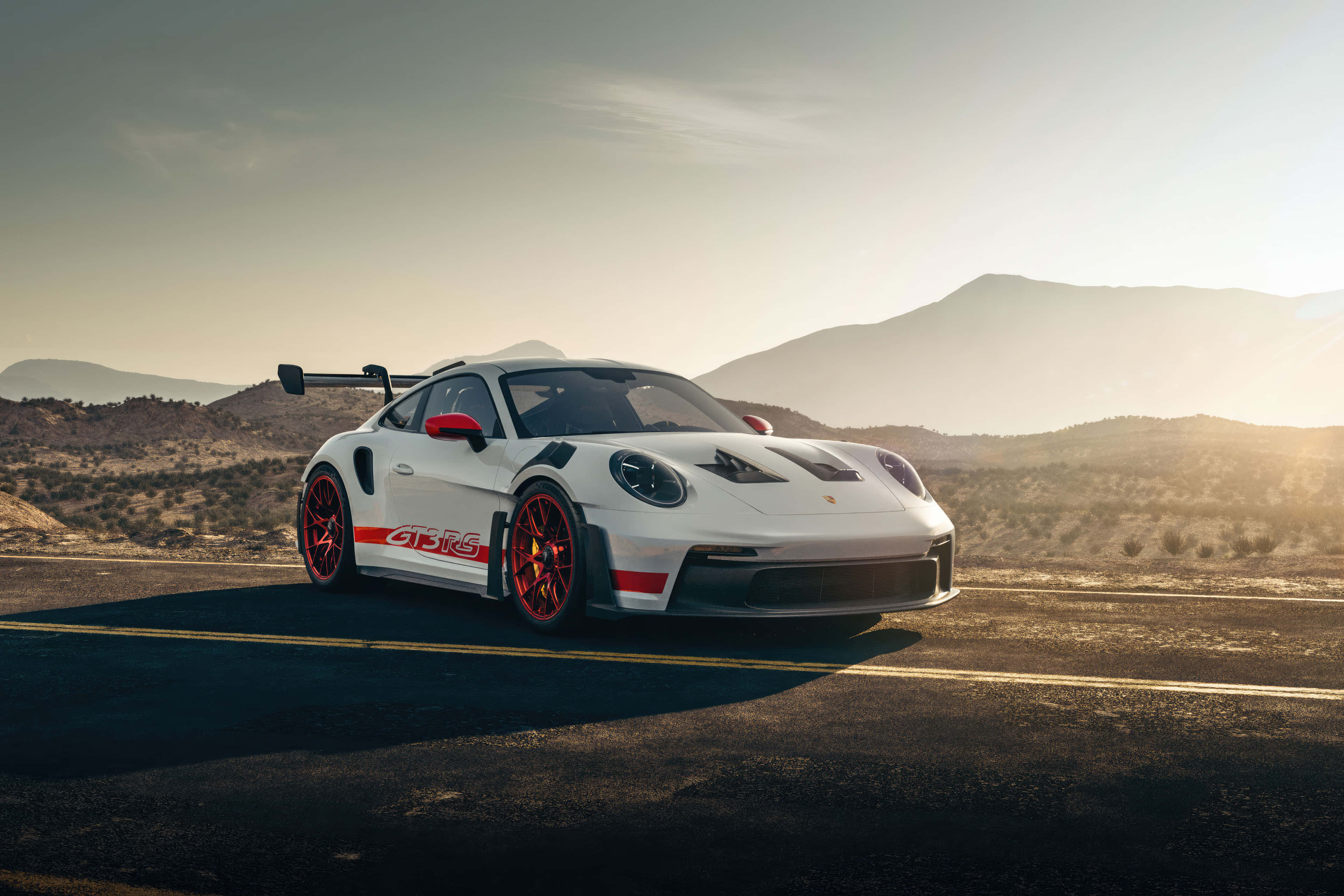 Porsche 911 GT3 RS, desert road, sunset, 4K Desktop Wallpaper