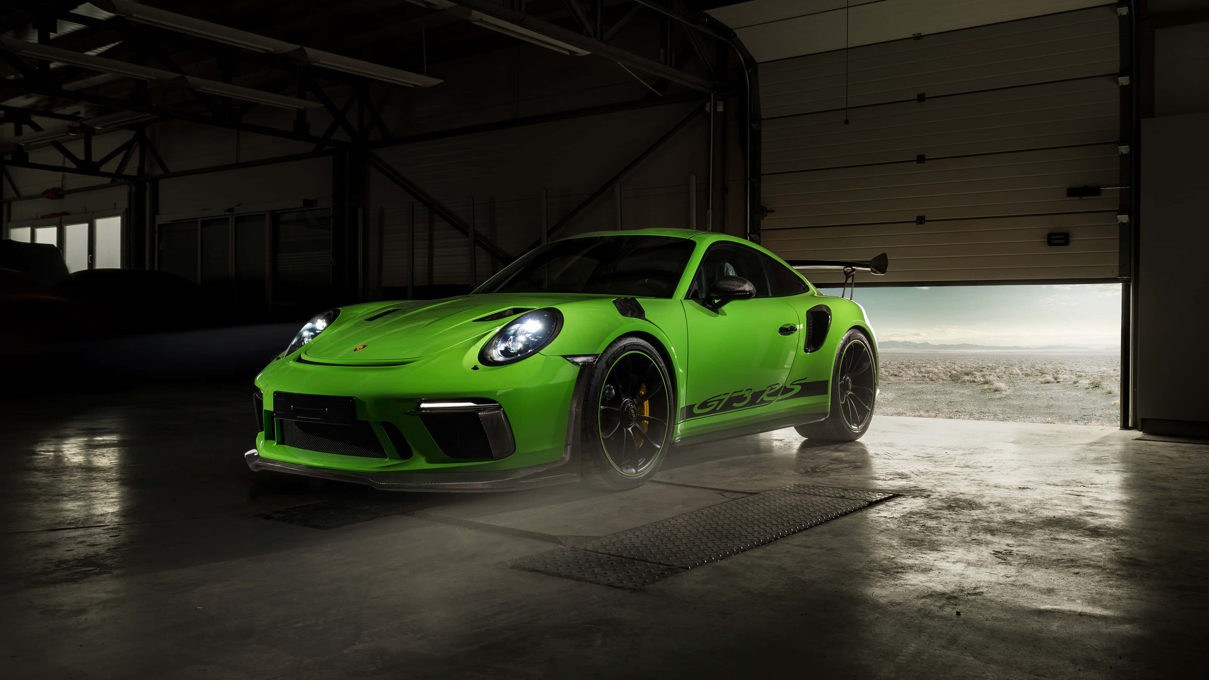 Porsche 911 GT3 RS, vibrant green, studio lights, 4K Desktop Wallpaper