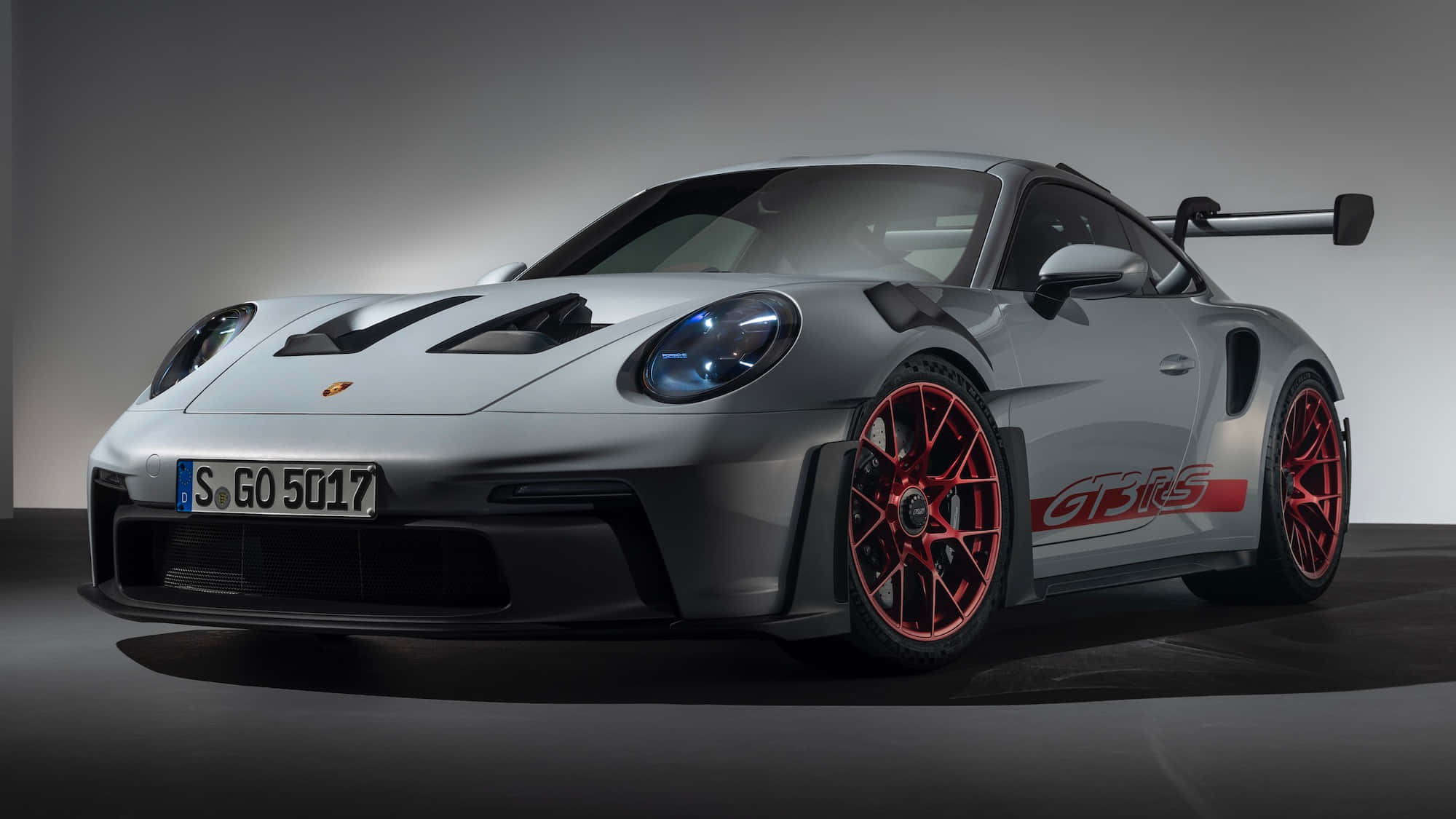 Porsche 911 GT3 RS, silver, red wheels, Full HD Desktop Wallpaper