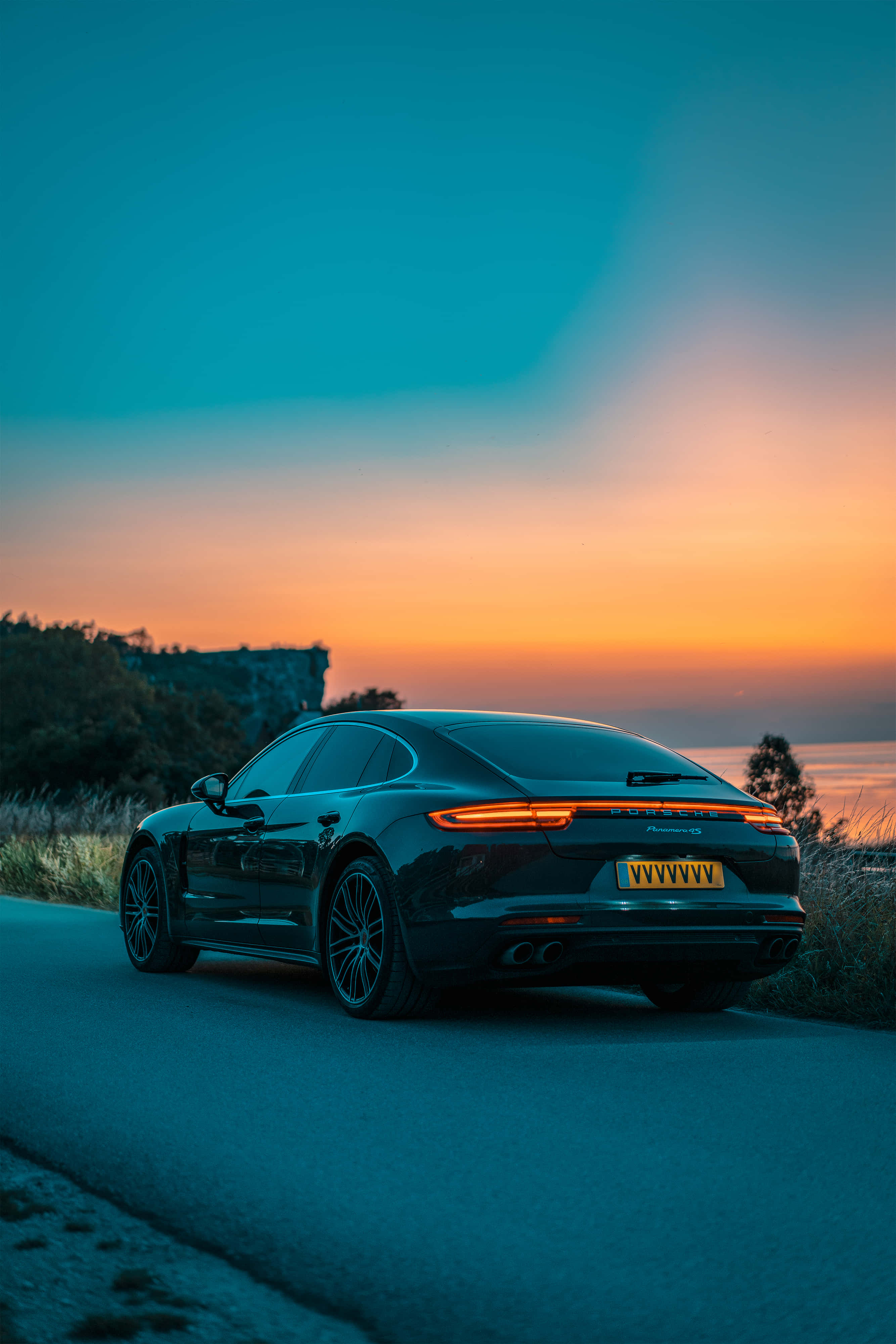 Porsche Panamera, black, coastal road, 4K Phone Wallpaper