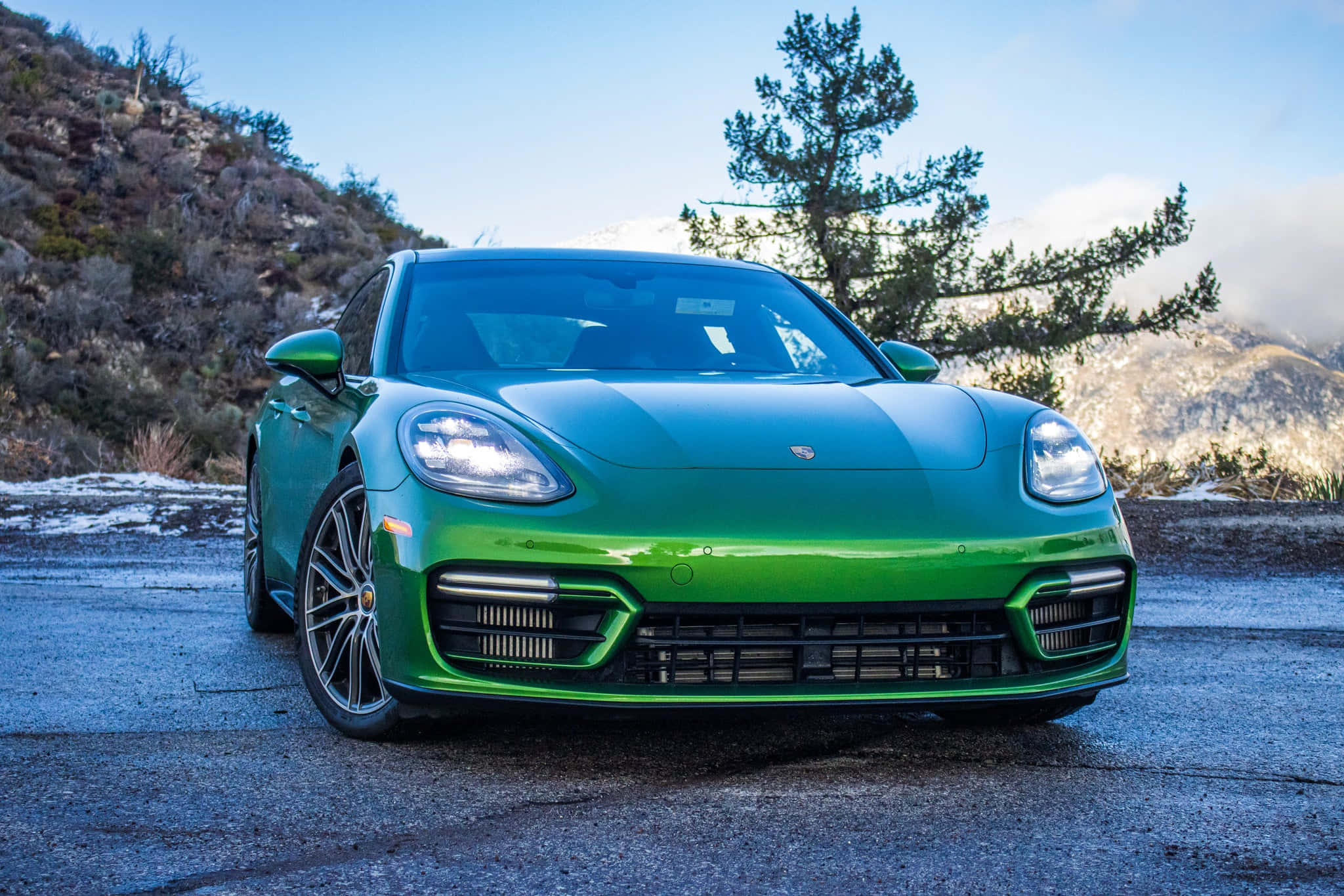 Porsche Panamera, vibrant green, paved road, Full HD Desktop Wallpaper