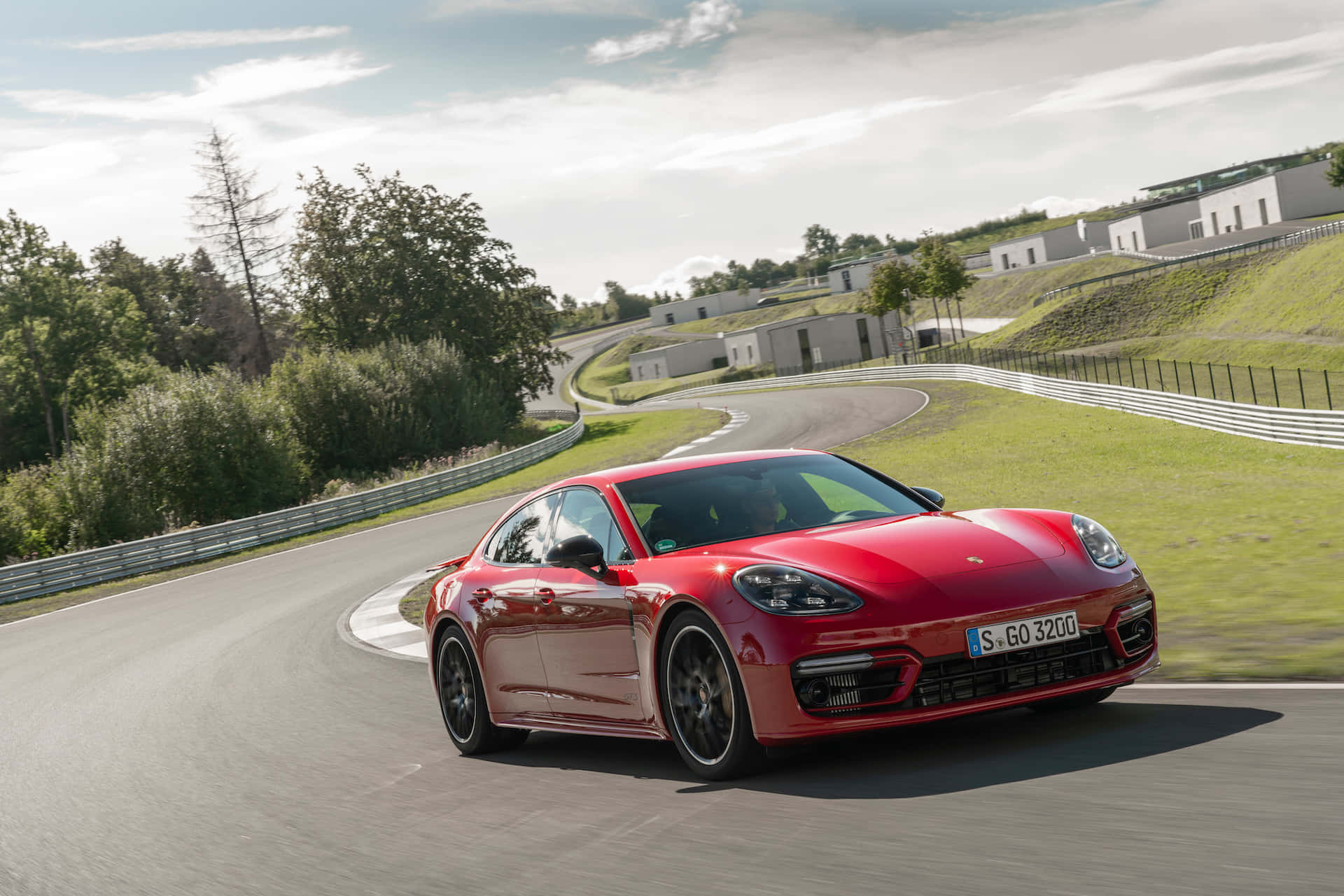 Porsche Panamera, vibrant red, sunlit racetrack, Full HD Desktop Wallpaper