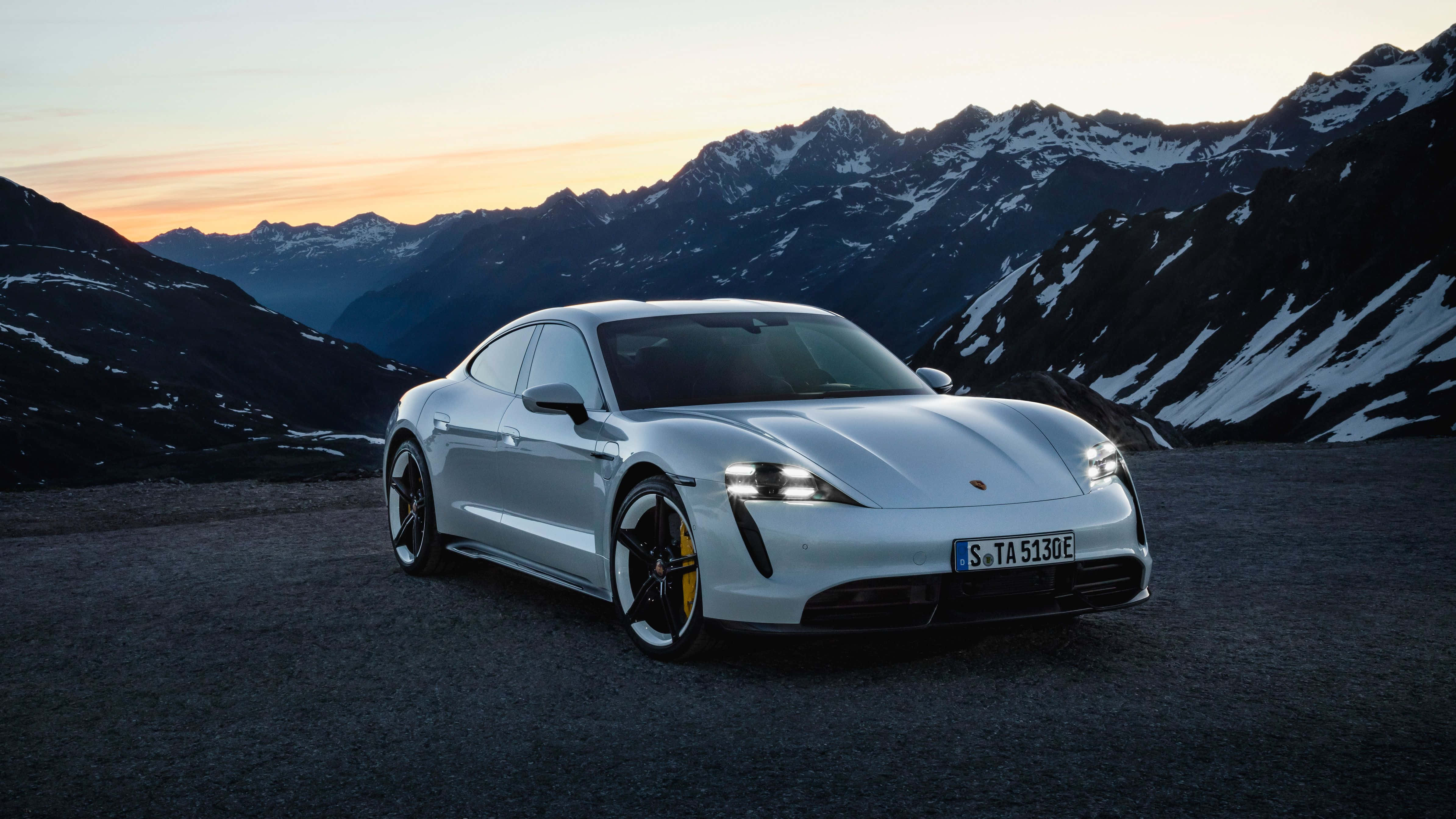 Porsche Taycan, silver, mountain road, 4K Desktop Wallpaper
