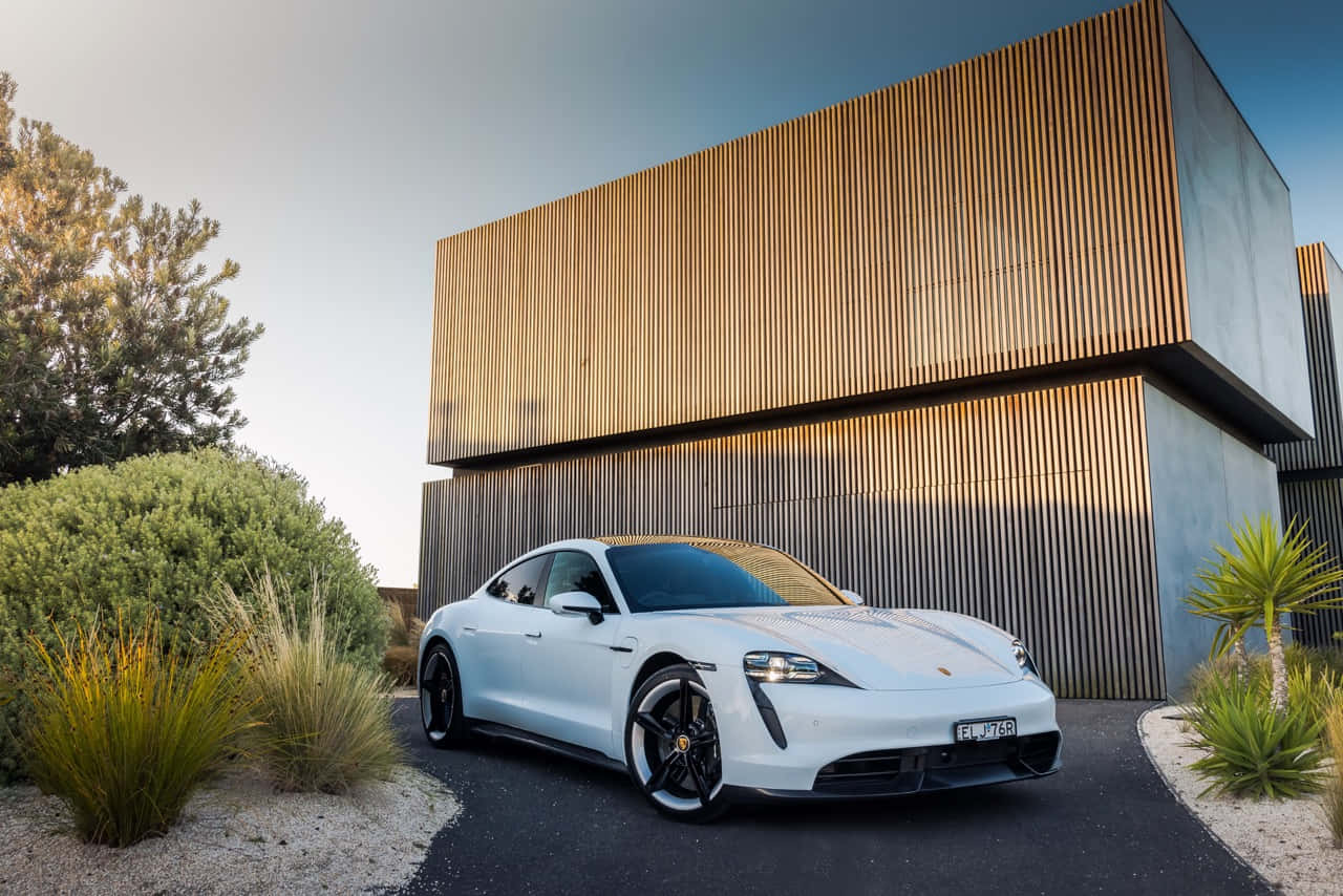 Porsche Taycan, white, modern wooden and concrete building, HD Desktop Wallpaper