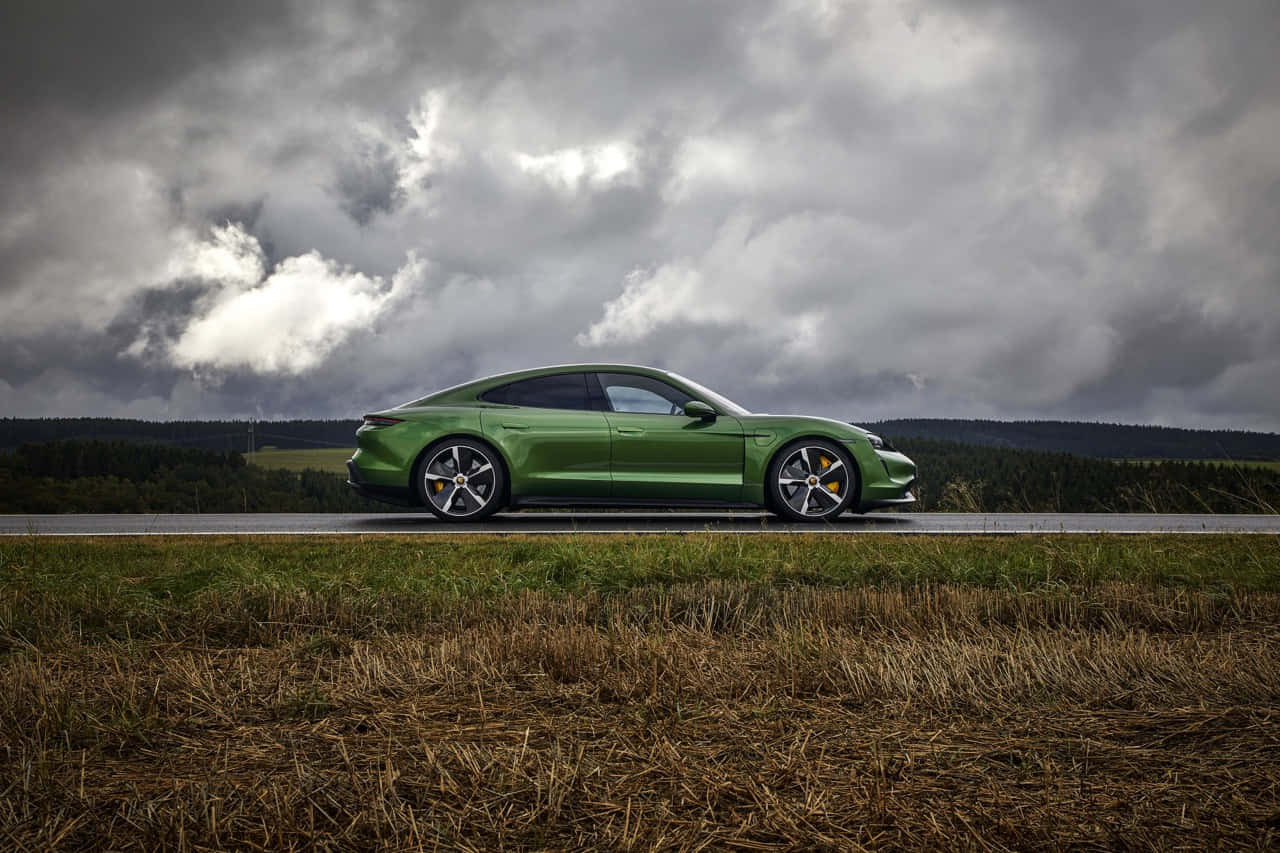 Porsche Taycan, green, rural road, HD Desktop Wallpaper