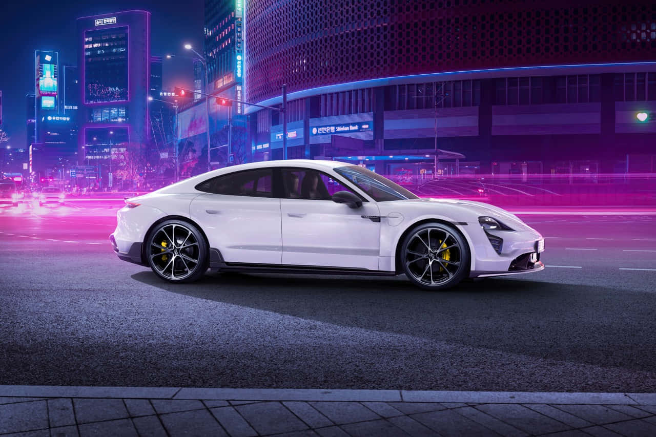 Porsche Taycan, white, neon-drenched urban night, HD Desktop Wallpaper