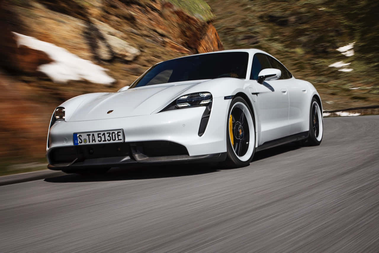 Porsche Taycan, white, mountain road, HD Desktop Wallpaper