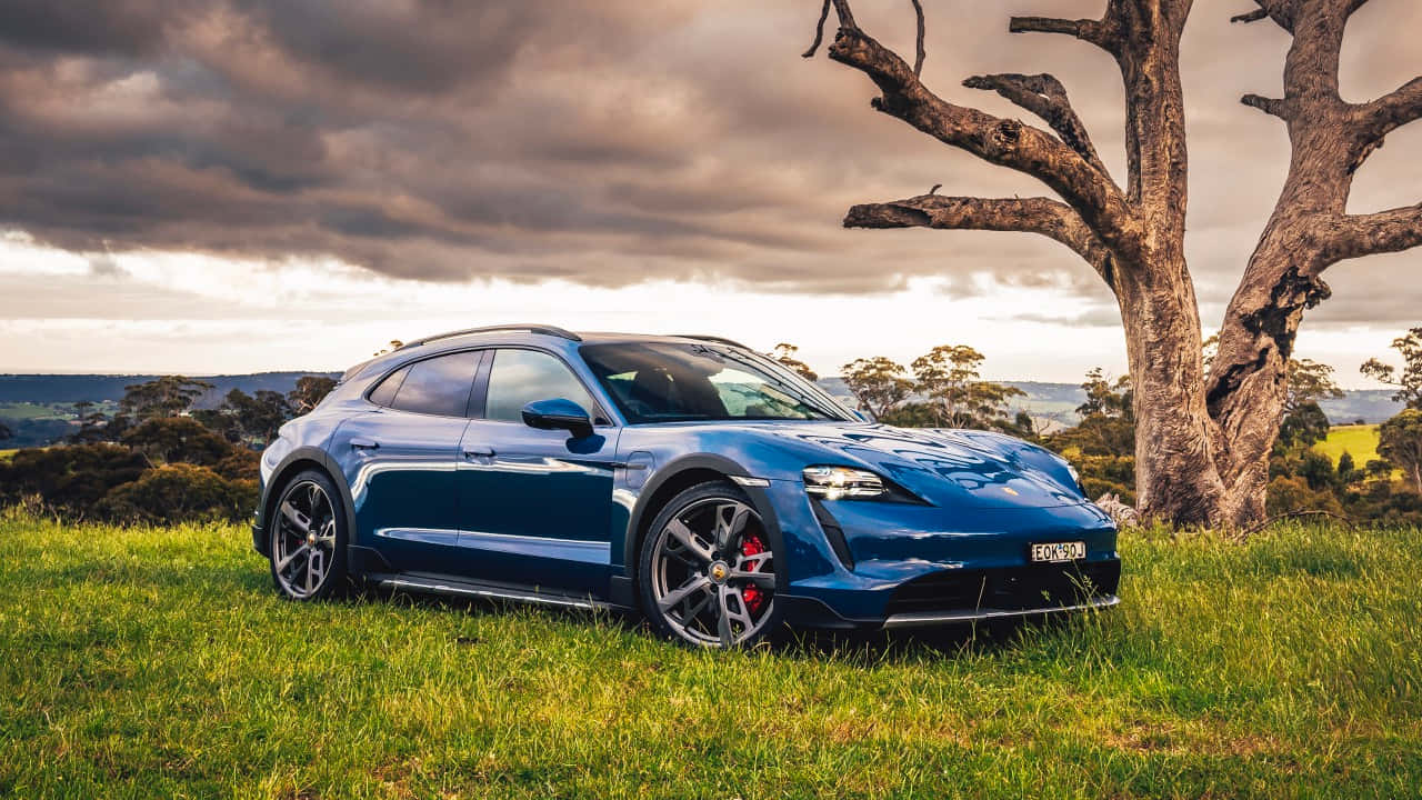 Porsche Taycan, blue, grass, HD Desktop Wallpaper