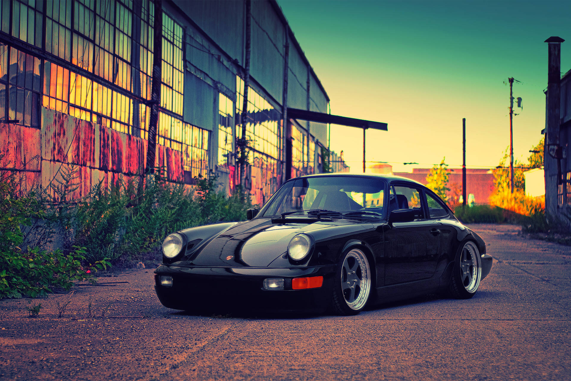 Porsche 964, sunset, black, Full HD Desktop Wallpaper