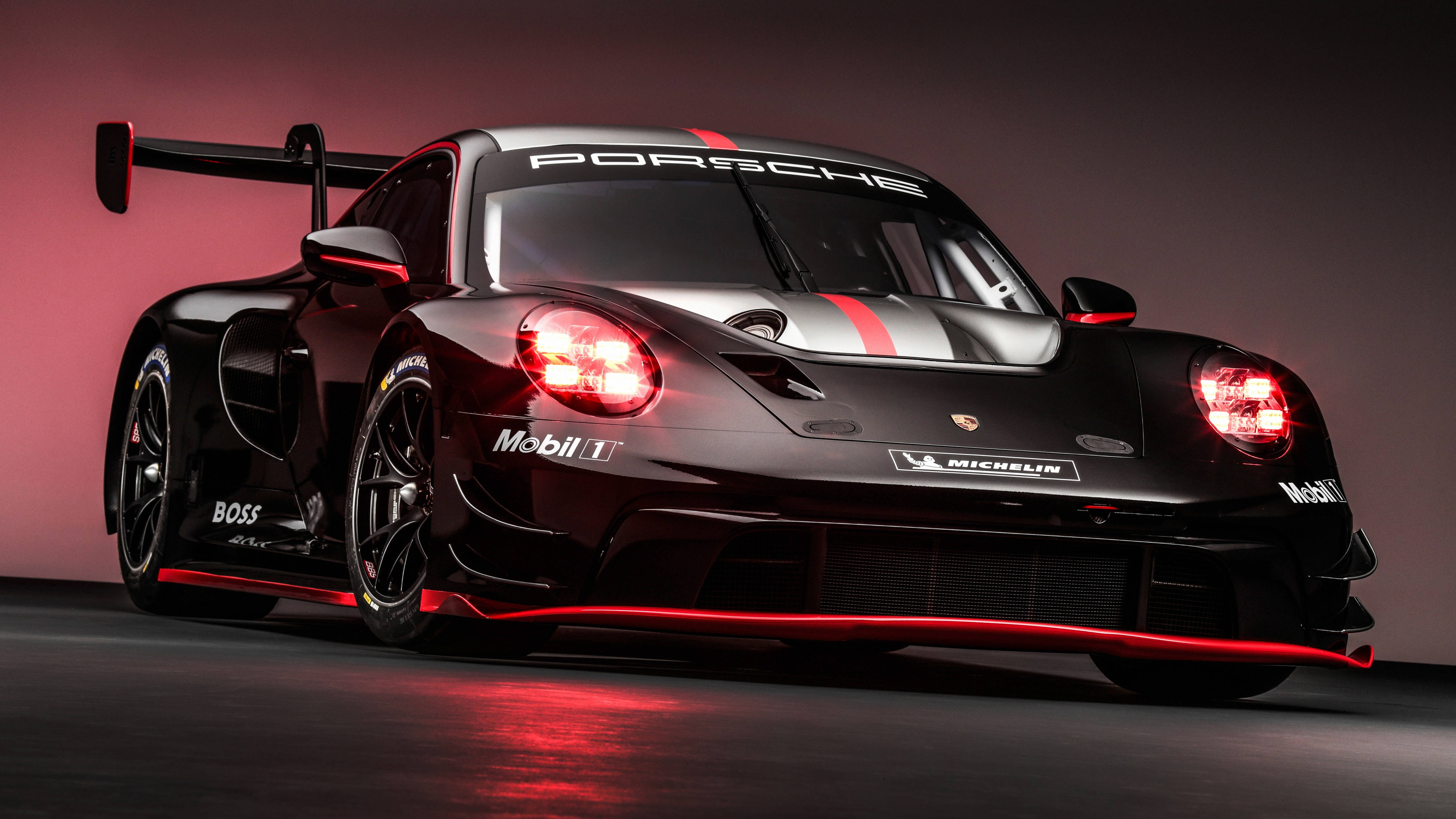 Porsche 911, black, glowing red headlights, 5K Desktop Wallpaper