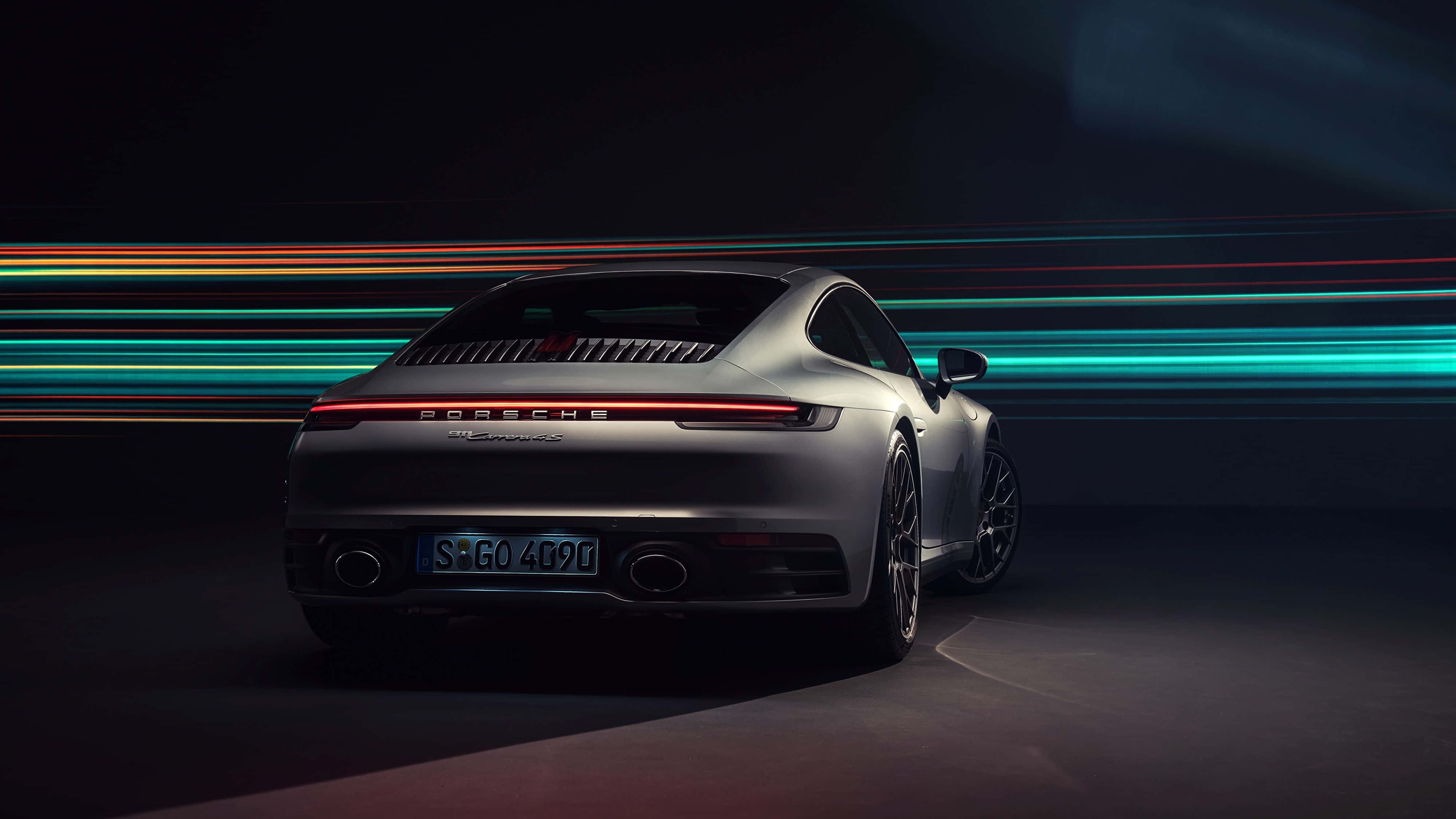 Porsche 911, silver, neon light trails, 4K Desktop Wallpaper